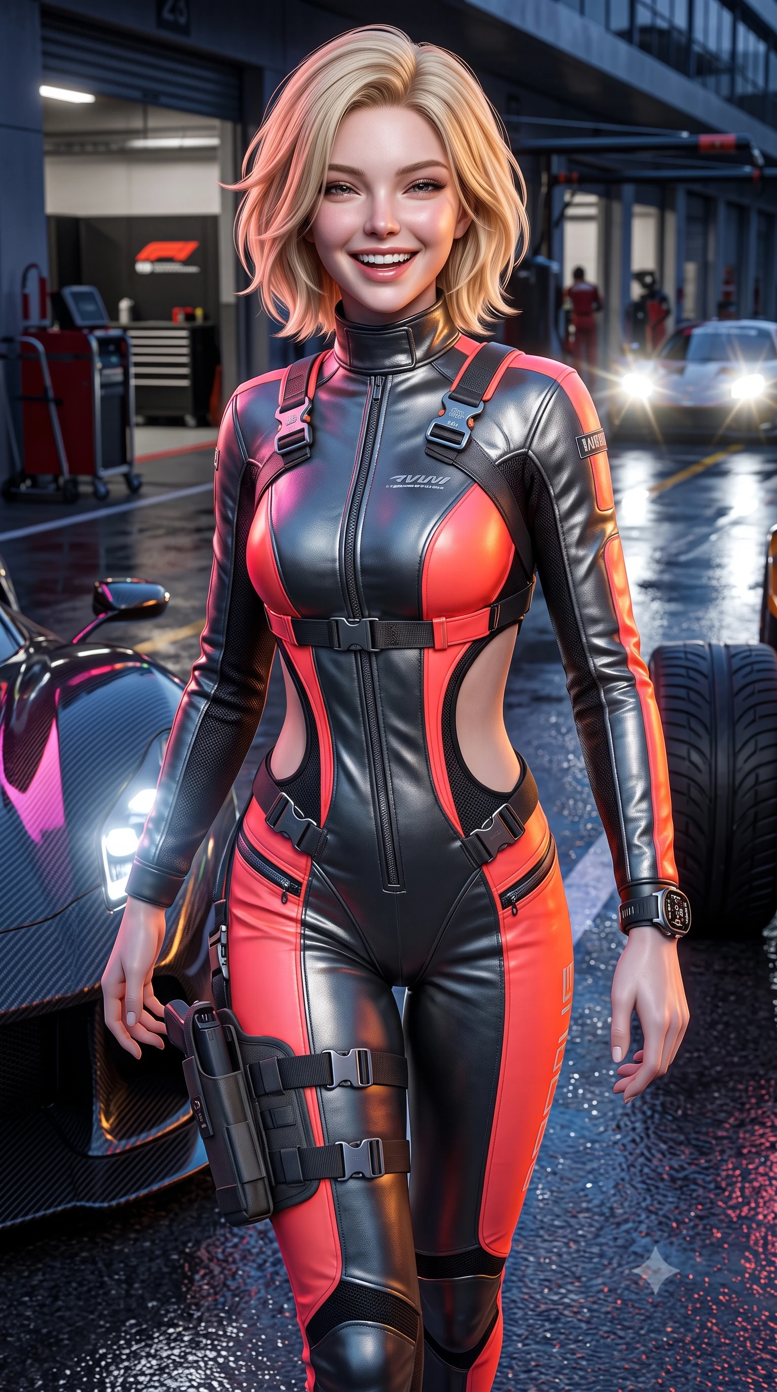 score_9, masterpiece, best quality, ultra-detailed, high-budget anime keyframe, semi-realistic 3D game render, editorial fashion photography, tasteful artistic composition, Caucasian woman. close-up cowboy shot from the waist and thighs up, the character dominates the composition, filling the frame with her large presence. laughing softly with enchanting, forbidden warmth, parted lips glistening as specular highlights illuminate her sculpted cheeks while striding dynamically along the wet pitlane pavement as incoming headlights cast long, cinematic specular reflections. The surrounding environment is rendered in vivid detail and crisp panoramic clarity. sharp carbon-fiber weave textures, polished hypercar body reflections, and tire tread grooves in deep focus. She has an exceptionally elegant, slender, and willowy female figure with an ultra-slim waist, a gracefully sculpted slender torso, toned flat midriff, and a refined slim silhouette. sharp v-shaped jawline, high-bridge nose, intricate jewel-like eyes with depth, thick eyelashes, glossy parted lips with a natural sheen, intensely captivating and seductive expression, flawlessly proportioned anatomical accuracy, strict slender model proportions, natural body alignment, perfectly sculpted long slender limbs, ultra-slim waistline, clean dynamic posture without body distortion. wearing a high-collar leather speedsuit featuring bold side-torso cutouts and quick-release titanium buckles in metallic gunmetal and blazing neon coral, made of breathable technical athletic mesh and liquid-finish track nylon, equipped with a low-slung utility holster and racing telemetry smartwatch, the sleek tactical cut tightly hugging her graceful clavicle, narrow waist, and athletic curves with statuesque precision. surrounded by a fierce, electrifying, and irresistibly intoxicating motorsport queen aura. highly saturated vibrant anime colors, detailed shading with soft gradients, rich glossy textures, high-contrast stereoscopic depth, volumetric dynamic lighting, master piece, 9:16 ratio