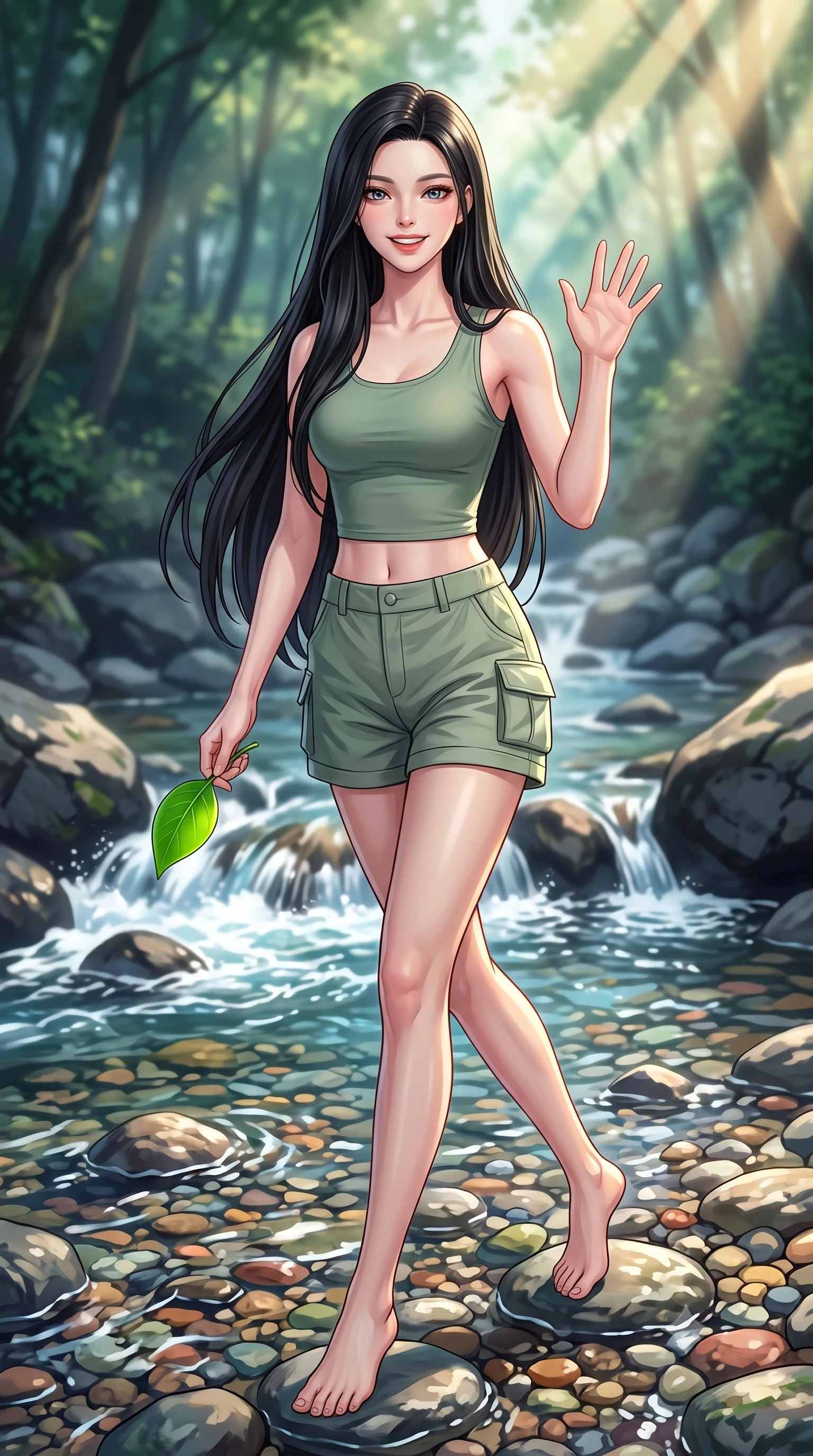score_9, masterpiece, best quality, ultra-detailed, high-budget anime keyframe, editorial fashion photography, tasteful artistic composition, Korean woman. low angle full-body shot from head to toe showing her feet, filling the entire 9:16 vertical frame with her statuesque presence, stretching her vertical silhouette. stepping forward with a bright, cheerful smile, waving happily at the viewer set against a soft-focus background of next to a rocky creek with clear mountain water running over pebbles holding a smooth green leaf with a happy, refreshed expression. She has an absolutely perfect, statuesque 8.5-heads proportion, an exceptionally tall and slender model-like female figure with impossibly long slender legs and an ultra-slim waist. sharp v-shaped jawline, high-bridge nose, intricate jewel-like eyes with depth, thick eyelashes, glossy lips with a natural sheen. wearing slim-fit stylish crop top in sage green, paired with lightweight cargo shorts. cool forest shadows contrasting with warm shafts of sunbeams. highly saturated vibrant anime colors, detailed shading with soft gradients, rich glossy textures, high-contrast stereoscopic depth, volumetric dynamic lighting, master piece, 9:16 ratio