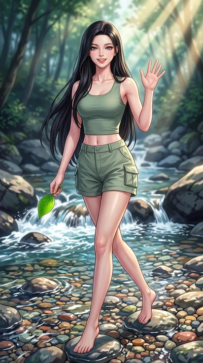 score_9, masterpiece, best quality, ultra-detailed, high-budget anime keyframe, editorial fashion photography, tasteful artistic composition, Korean woman. low angle full-body shot from head to toe showing her feet, filling the entire 9:16 vertical f