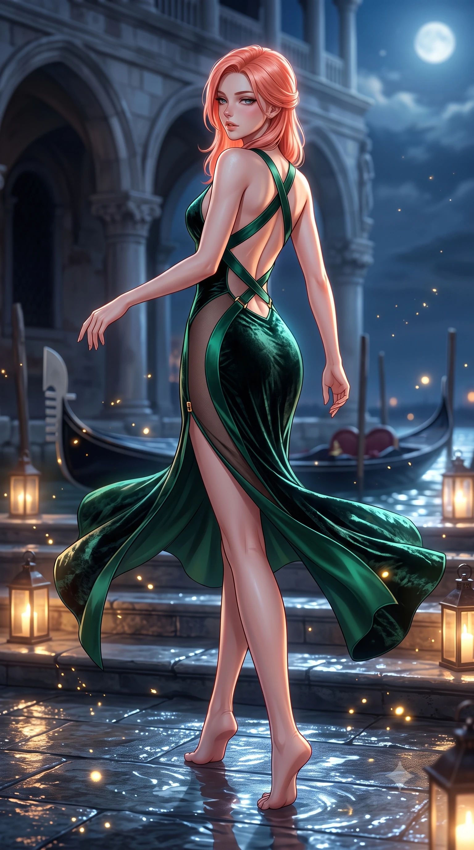 score_9, masterpiece, best quality, ultra-detailed, high-budget anime keyframe, semi-realistic 3D game render, editorial fashion photography, tasteful artistic composition, Japanese woman. low angle full-body shot from head to toe showing her feet, filling the entire 9:16 vertical frame with her statuesque presence, stretching her vertical silhouette. executing an elegant mid-motion pivot turn as garments swirl around her slender limbs, glancing over her shoulder with an intoxicating bedroom-gaze while gliding down the grand palace water steps with supermodel poise, her liquid dress clinging to her narrow waist and rounded hips in the moonlight. The composition keeps background elements in soft focus with creamy bokeh. gondola lantern reflections and water ripple sparkles scattering radiant golden light motes. She has an exceptionally tall and slender model-like 8.5-heads proportion, an ultra-slim waist, a flat toned midriff, narrow delicate ribcage, and beautifully sculpted feminine hips creating a graceful, slim hourglass silhouette without any bulky heaviness, with impossibly long slender legs. sharp v-shaped jawline, high-bridge nose, intricate jewel-like eyes with depth, thick eyelashes, glossy parted lips with a natural sheen, intensely captivating and seductive bedroom-eyes expression, flawlessly proportioned anatomical accuracy, strict slender model proportions, natural body alignment, perfectly sculpted long slender limbs, ultra-slim waistline, clean dynamic posture without body distortion. wearing a second-skin black silk jersey maxi dress with asymmetrical sheer mesh side panels tracing the full curve of her hip in deep emerald green satin and gold hardware, crafted from heavyweight crushed silk velvet with liquid vintage luster, finished with criss-cross back satin straps highlighting her graceful shoulder blades, the second-skin form-contouring cut accentuating her sculpted flat midriff, narrow delicate ribcage, and gracefully curvy hips with supermodel precision. surrounded by an aristocratic, scandalous, and breathlessly captivating Venetian siren aura. highly saturated vibrant anime colors, detailed shading with soft gradients, rich glossy textures, high-contrast stereoscopic depth, volumetric dynamic lighting, master piece, 9:16 ratio