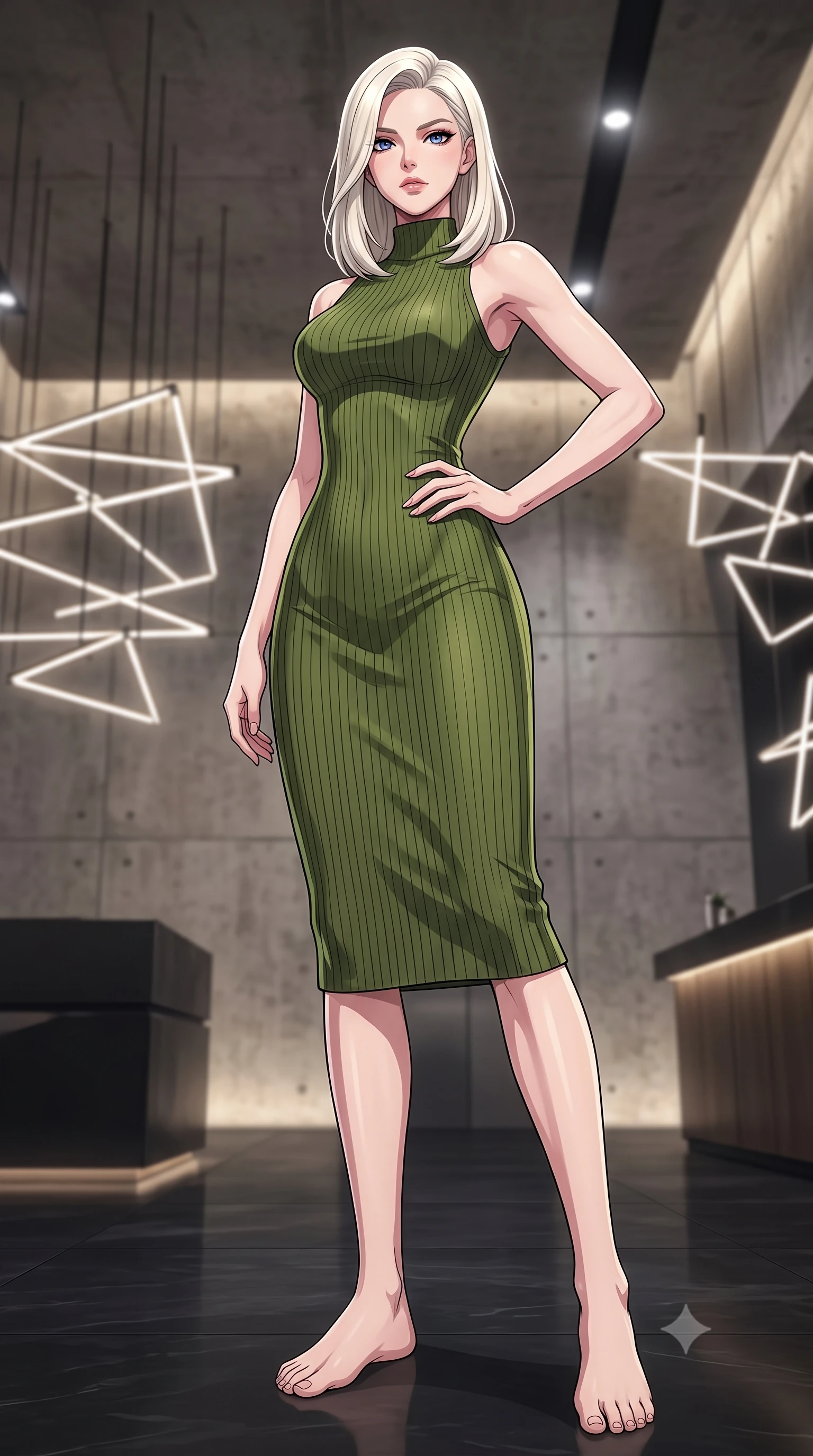 score_9, masterpiece, best quality, ultra-detailed, high-budget anime keyframe, tasteful artistic composition, Caucasian woman. low angle full-body shot from head to toe showing her feet, filling the entire 9:16 vertical frame with her statuesque presence, stretching her vertical silhouette. posing confidently with one hand on her hip, stretching her statuesque body to emphasize her curves the background shows a soft-focus an underground vault lounge with concrete walls and modern geometric light installations. She has an absolutely perfect, statuesque 8.5-heads proportion, an exceptionally tall and slender model-like female figure with impossibly long slender legs and an ultra-slim waist. sharp v-shaped jawline, high-bridge nose, intricate jewel-like eyes with depth, thick eyelashes, glossy lips with a natural sheen. wearing a body-hugging form-contouring ribbed knit bodycon midi dress in olive green, tracing her slender silhouette with a high neck. focused white spotlights casting clean, structured shadows across her pose. highly saturated vibrant anime colors, cel-shading, 2d style, master piece, 9:16 ratio