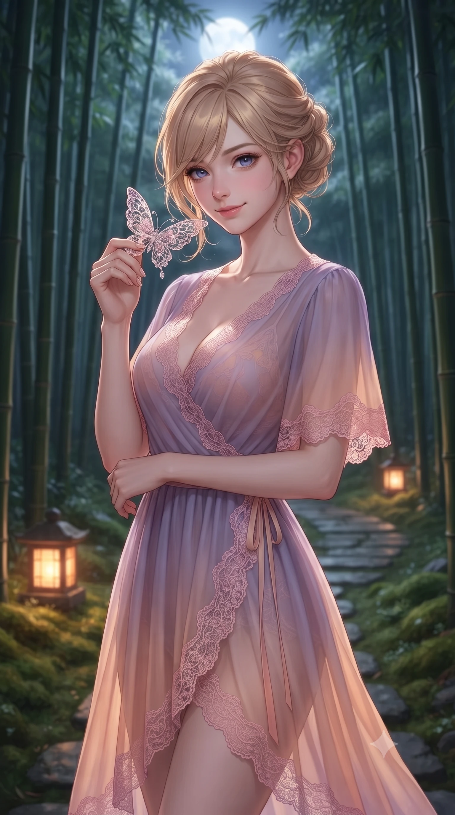 score_9, masterpiece, best quality, ultra-detailed, high-budget anime keyframe, editorial fashion photography, tasteful artistic composition, Caucasian woman, strictly human ears. close-up cowboy shot from the waist and thighs up, the character dominates the composition, filling the frame with her large presence, background elements kept in soft focus. Holding a delicate object up near her face while gazing at the viewer with a knowing smile. set against a soft-focus background of a perfectly maintained bamboo grove walkway under full moonlight with towering green bamboo stalks creating a natural cathedral stone path with embedded lanterns and soft moss underfoot. She has an exceptionally elegant and slender, willowy female figure with an ultra-slim waist, a gracefully sculpted slender torso, and a refined slim physique. sharp v-shaped jawline, high-bridge nose, intricate jewel-like eyes with depth, thick eyelashes, glossy lips with a natural sheen. wearing a translucent chiffon wrap dress in a lavender-to-peach gradient, revealing her slender silhouette, detailed with pink lace. silvery full moonlight filtering through the dense bamboo canopy creating vertical stripes of light and shadow with warm amber glow from stone path lanterns providing accent. 2k, ultra detail, master piece, 9:16 ratio