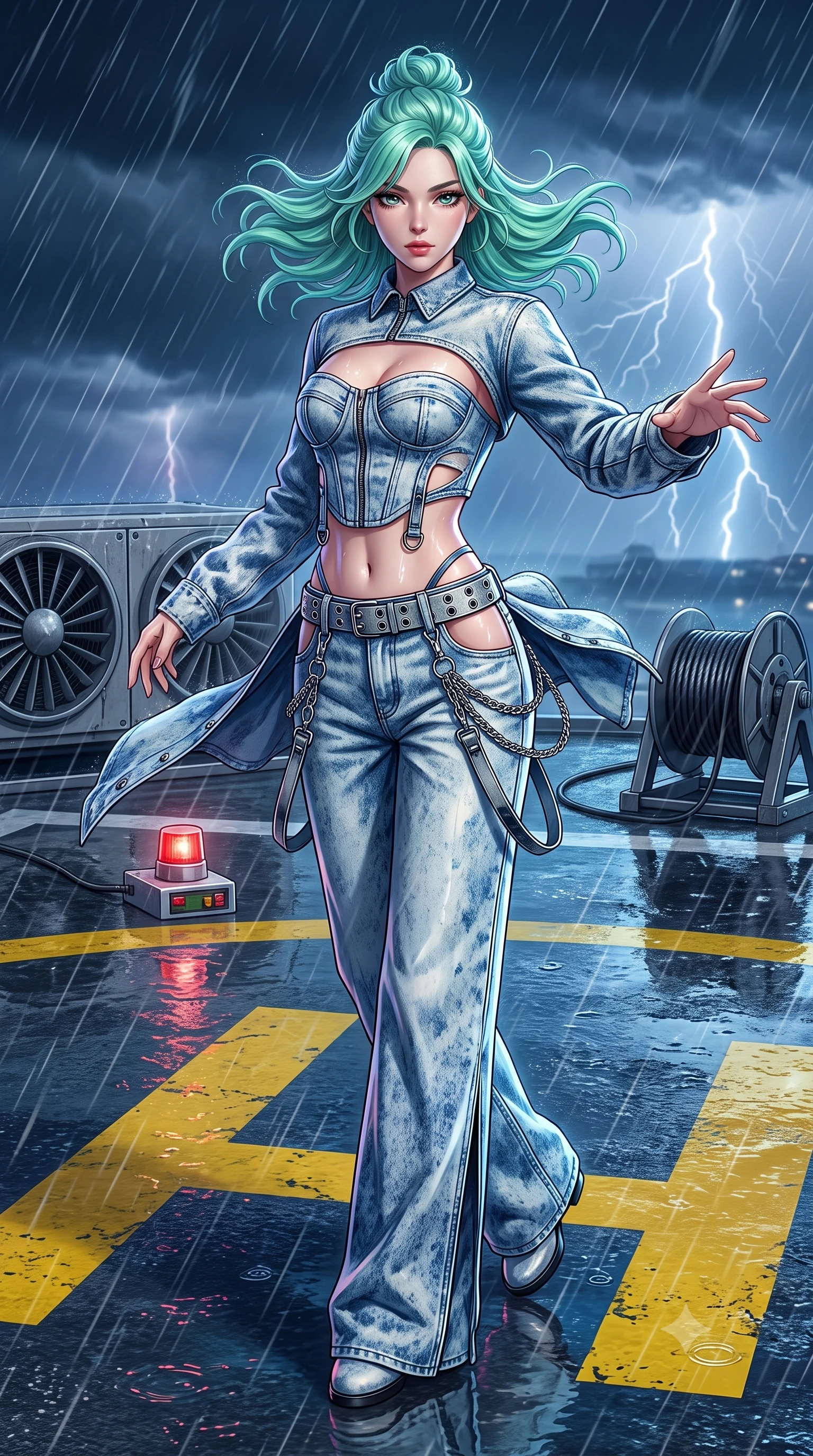 score_9, masterpiece, best quality, ultra-detailed, high-budget anime keyframe, semi-realistic 3D game render, editorial fashion photography, tasteful artistic composition, Japanese woman. low angle full-body shot from head to toe showing her feet, filling the entire 9:16 vertical frame with her statuesque presence, stretching her vertical silhouette. executing an elegant mid-motion spin with effortless grace, her garments fluttering softly around her ultra-slim waistline while pivoting dynamically as gale-force storm winds whip rain across the helipad markings, parrying an alarm sensor with poise. The surrounding environment is rendered in vivid detail and crisp panoramic clarity. detailed turbine exhaust grilles, grappling cable spool mechanisms, and lightning strikes in high clarity. She has an absolutely perfect, statuesque 8.5-heads proportion, an exceptionally tall and slender model-like female figure with impossibly long slender legs, a toned flat midriff, and an ultra-slim waist. sharp v-shaped jawline, high-bridge nose, intricate jewel-like eyes with depth, thick eyelashes, glossy lips with a natural sheen, captivating and magnetic expression, flawlessly proportioned anatomical accuracy, strict slender model proportions, natural body alignment, perfectly sculpted long slender limbs, ultra-slim waistline, clean dynamic posture without body distortion. wearing a deconstructed denim corseted crop jacket paired with high-waisted wide-leg utility jeans and a silver grommet belt in acid-wash light denim and dark chrome, tailored from distressed structured cotton denim with metallic thread, accented with hanging industrial clip straps and chrome chain links edition #22, the precision-cut daring openings accentuating her delicate midriff, graceful bare collarbones, and ultra-slim feminine waistline. illuminated by wet specular highlights tracing her sculpted flat midriff, waistline, and long legs. highly saturated vibrant anime colors, detailed shading with soft gradients, rich glossy textures, high-contrast stereoscopic depth, volumetric dynamic lighting, master piece, 9:16 ratio