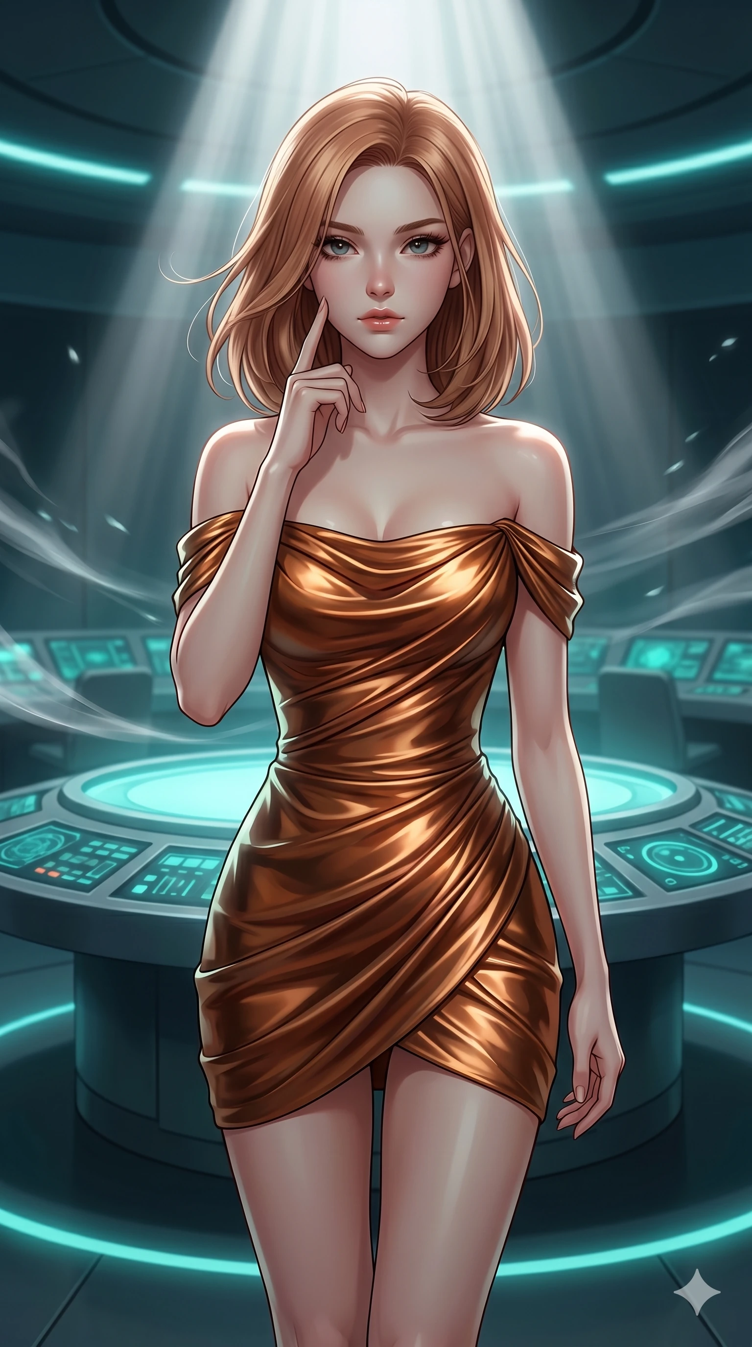 score_9, masterpiece, best quality, ultra-detailed, high-budget anime keyframe, editorial fashion photography, tasteful artistic composition, Korean woman. cowboy shot from the thighs up, character and outfit filling the frame for maximum editorial presence. Touching the side of her face with a single finger, her expression contemplative and serene inside a futuristic control room with circular console desks glowing in turquoise light, with gentle gusts of silver wind blowing through the space. She has an absolutely perfect 8-heads proportion, an exceptionally tall and slender female figure with impossibly long slender legs and an ultra-slim waist. V-shaped jawline, high-bridge nose, intricate jewel-like eyes with depth, thick eyelashes, glossy lips with a natural sheen. wearing an off-shoulder mini dress draped in molten bronze fabric that catches highlights with every contour. lit by a single overhead spotlight casting sharp volumetric rays of white light on her figure. 2k, ultra detail, master piece, 9:16 ratio