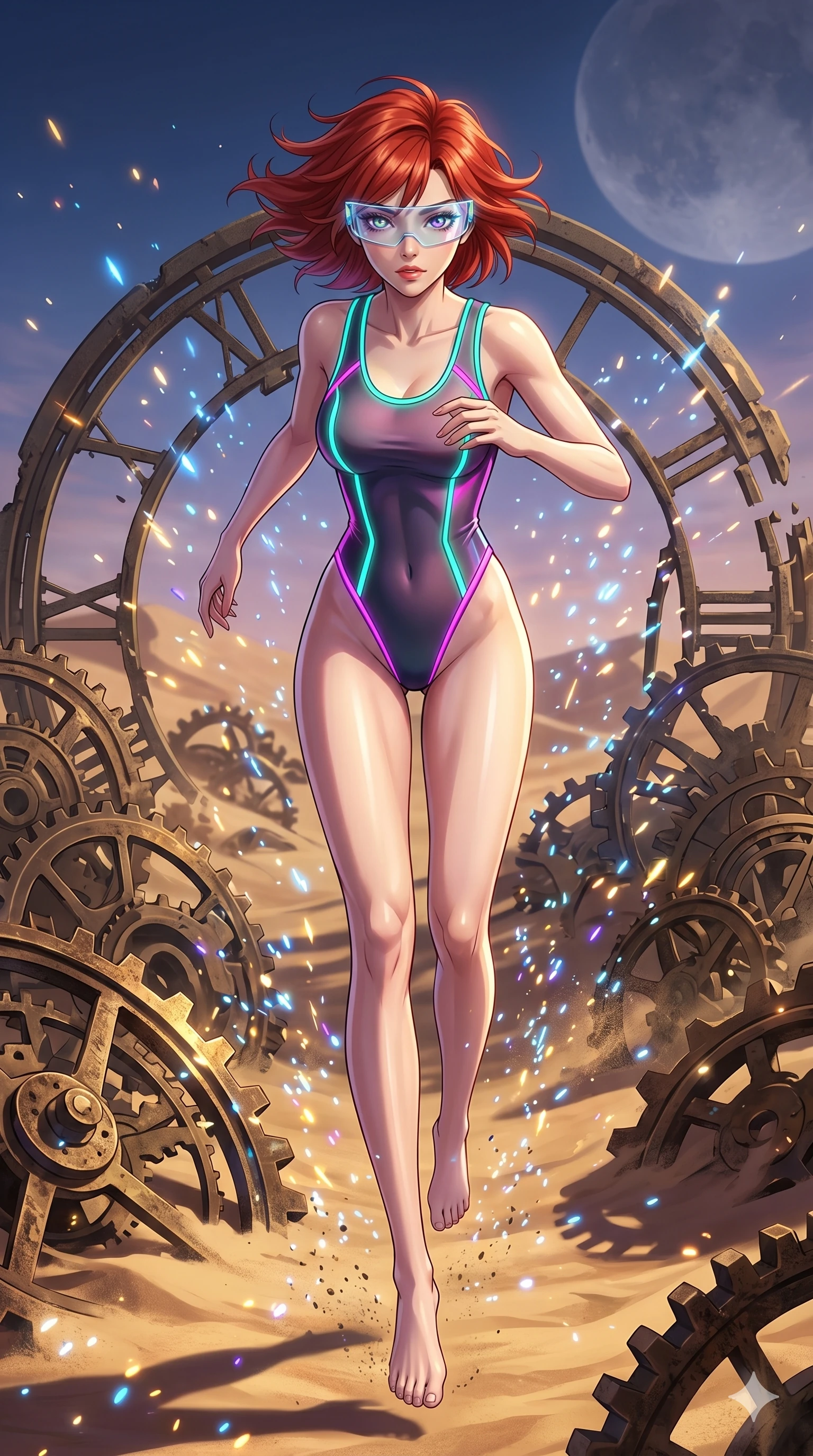 score_9, masterpiece, best quality, ultra-detailed, Set A: High-budget Anime Keyframe, Japanese woman. Low angle cowboy shot filling the entire 9:16 frame with her statuesque presence. Leaping through a clockwork desert, while her eyes glow with 240 different colors and surrounded by glowing energy sparks. She has an absolutely perfect 8-heads proportion, an exceptionally tall and slender female figure with impossibly long slender legs and an ultra-slim waist. Sharp v-shaped jawline, high-bridge nose, intricate jewel-like eyes with depth, thick eyelashes, glossy lips with a natural sheen. Wearing High-cut athletic leotard with glowing trim and a translucent visor accessory. Cinematic lighting, vibrant colors, dramatic shadows, 2k, ultra detail, master piece, 9:16 ratio