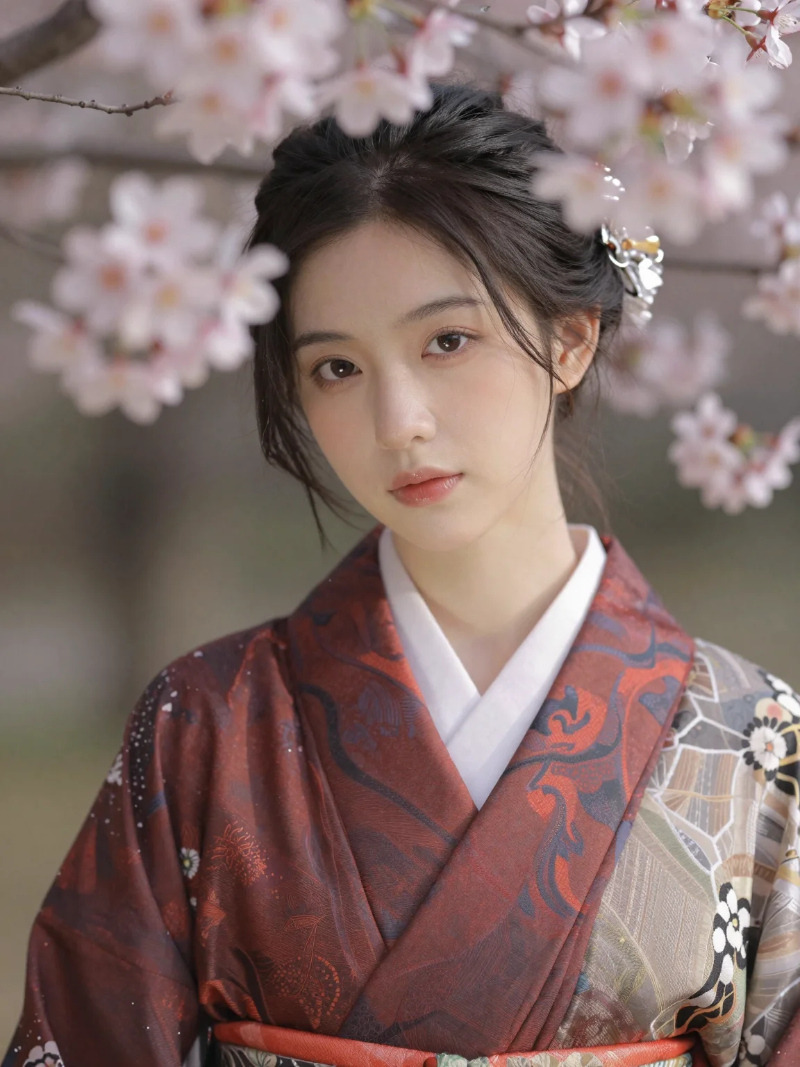 (masterpiece:1.2), best quality, oriental beauty, (1girl:1.3), Japanese woman in traditional Kimono, modern twist, rich silk texture, (face framed by cherry blossoms:1.1), soft focus, 2k, ultra detail, 3:4 ratio