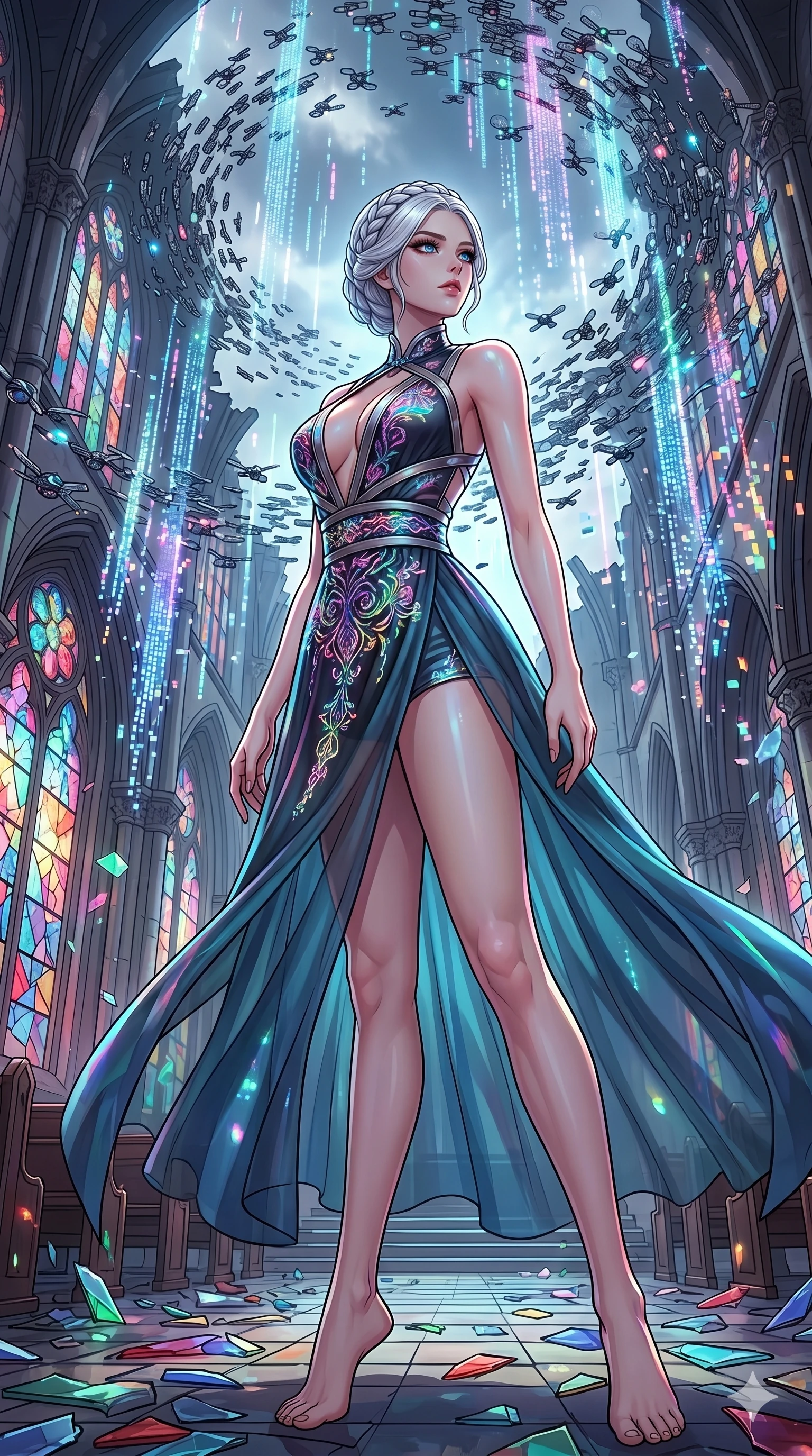 score_9, masterpiece, best quality, ultra-detailed, high-budget anime movie keyframe, cinematic anime lighting, intricate line art, Japanese woman. Low angle cowboy shot filling the entire 9:16 frame with her statuesque presence. commanding a drone swarm in a shattered stained glass cathedral with holographic rain. She has an absolutely perfect 8-heads proportion, an exceptionally tall and slender female figure with an ultra-slim waist and impossibly long slender legs. sharp v-shaped jawline, high-bridge nose, intricate jewel-like eyes, thick eyelashes, glossy lips. Wearing modernized deep-plunging silk hanbok-fusion with metallic straps, a high-slit sheer skirt over micro-shorts, and holographic embroidered patterns. The scene is illuminated by dramatic atmospheric lighting and vibrant color palettes. , 2k, ultra detail, master piece, 9:16 ratio