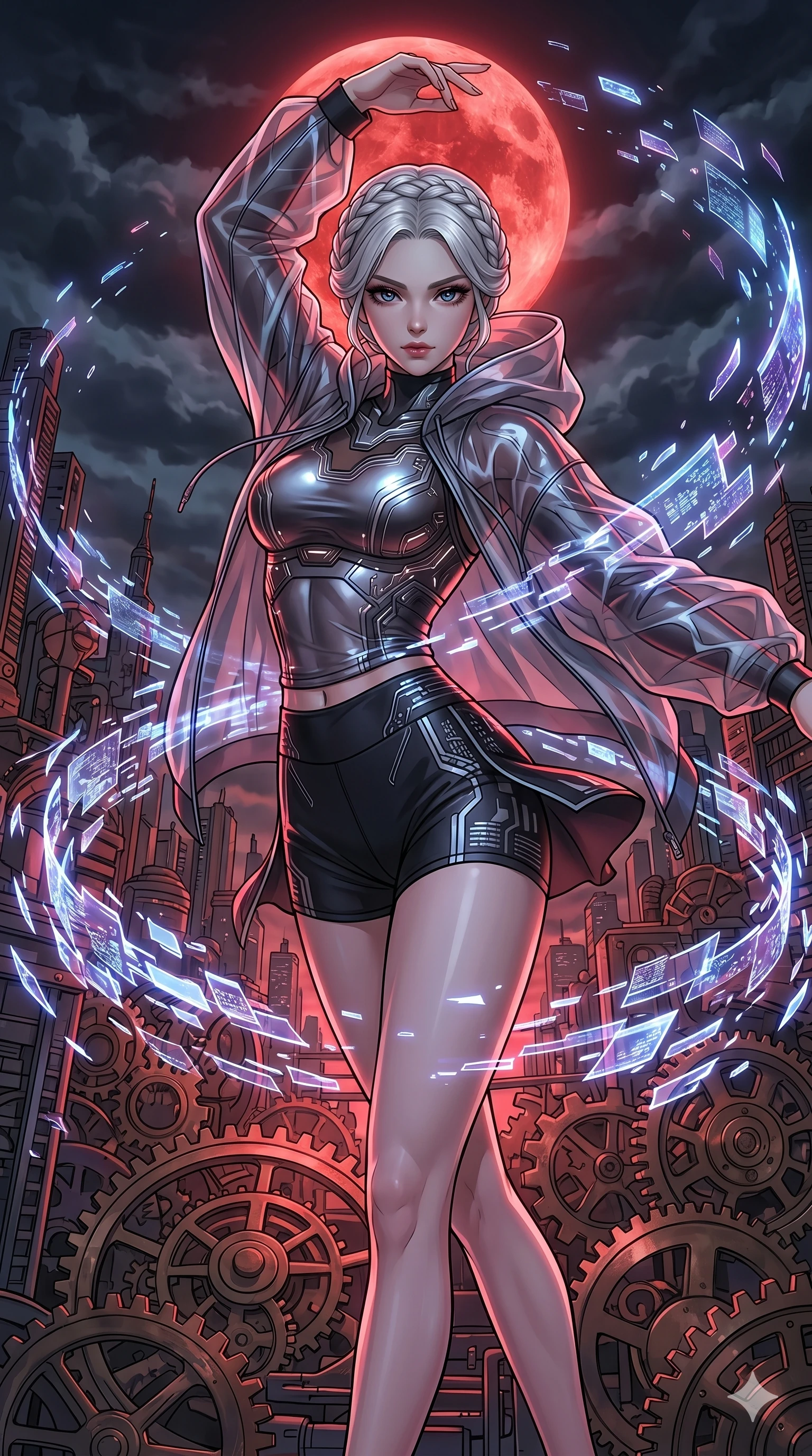score_9, masterpiece, best quality, ultra-detailed, high-budget anime movie keyframe, cinematic anime lighting, intricate line art, Japanese woman. Upper body filling screen focusing on her alluring features and slim-fit silhouette. dancing with data-shards in a clockwork heart of a city under a blood moon. She has an absolutely perfect 8-heads proportion, an exceptionally tall and slender female figure with an ultra-slim waist and impossibly long slender legs. sharp v-shaped jawline, high-bridge nose, intricate jewel-like eyes, thick eyelashes, glossy lips. Wearing premium athleisure set with a metallic-finish compression top, high-cut yoga shorts that accentuate her long legs, and a sheer oversized hoodie. The scene is illuminated by dramatic atmospheric lighting and vibrant color palettes. , 2k, ultra detail, master piece, 9:16 ratio