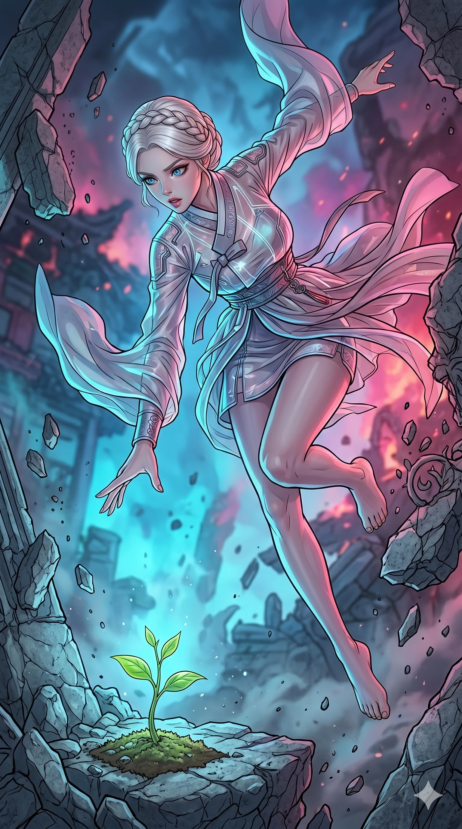 score_9, masterpiece, best quality, ultra-detailed, high-budget anime movie keyframe, cinematic anime lighting, intricate line art, Korean woman. Mid-air action shot capturing a graceful twist and vertical silhouette. shielding a small plant as the world around it turns to stone. She has an absolutely perfect 8-heads proportion, an exceptionally tall and slender female figure with an ultra-slim waist and impossibly long slender legs. strictly human anatomy, two legs only, no extra limbs, clearly defined legs and arms, perfect anatomy, perfect hands and fingers. sharp v-shaped jawline, high-bridge nose, intricate jewel-like eyes, thick eyelashes, glossy lips. Wearing Modern Traditional: Shortened cyber-hanbok with fusion silk robes and transparent panels. The scene is illuminated by dramatic atmospheric lighting and vibrant color palettes. , 2k, ultra detail, master piece, 9:16 ratio