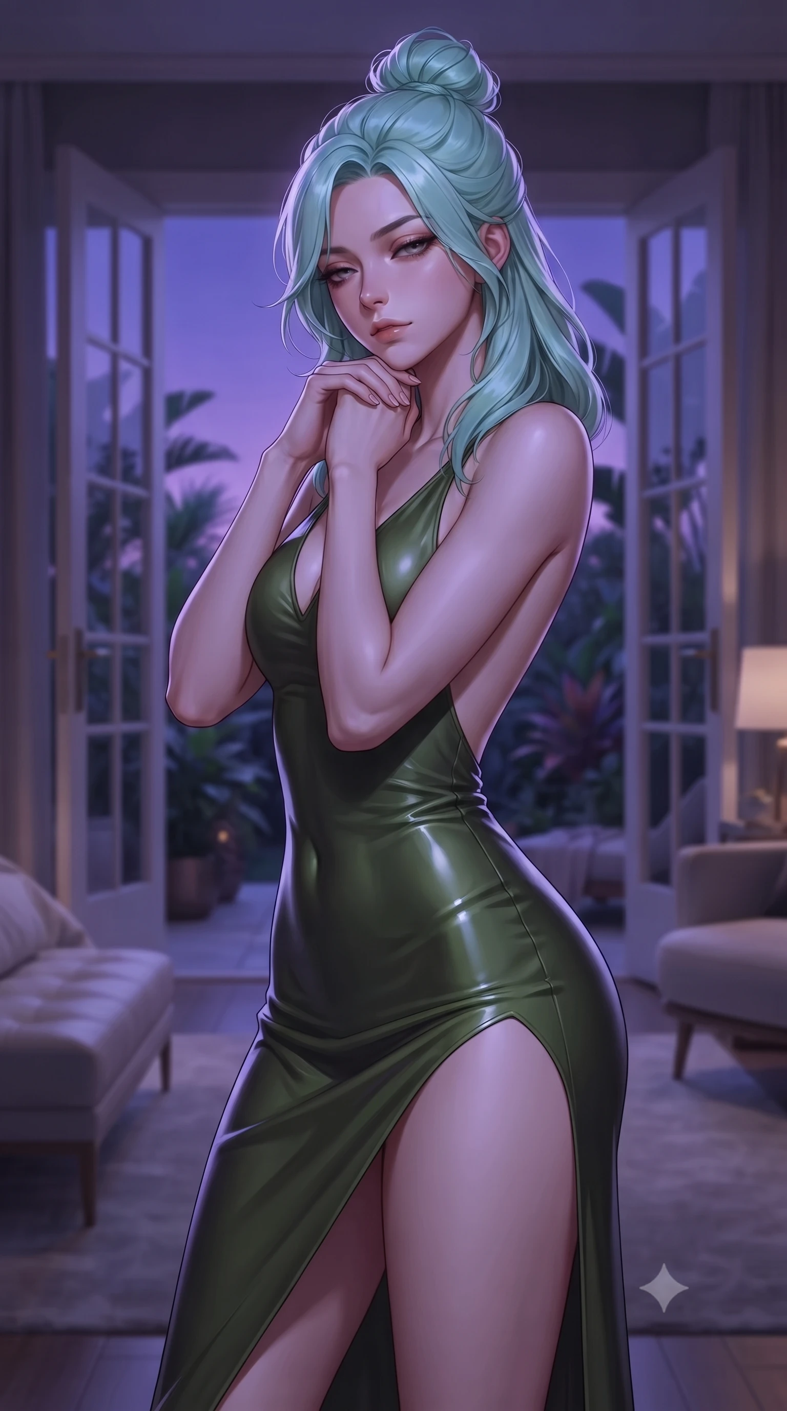 score_9, masterpiece, best quality, ultra-detailed, high-budget anime keyframe, editorial fashion photography, tasteful artistic composition, Japanese woman woman. close-up cowboy shot from the waist and thighs up, the character dominates the composition, filling the frame with her large presence, background elements kept in soft focus. resting her chin on the backs of her fingers, casting a heavy-lidded, sultry look past the camera the background shows a soft-focus a bedroom suite with double glass doors opening to a quiet botanical patio at dusk. She has an exceptionally elegant, slender, and willowy female figure with an ultra-slim waist, a gracefully sculpted slender torso, and a refined silhouette. sharp v-shaped jawline, high-bridge nose, intricate jewel-like eyes with depth, thick eyelashes, glossy lips with a natural sheen. wearing a form-contouring dramatic open-back maxi dress in olive green, featuring a high thigh slit. deep violet twilight sky glow casting cool highlights on her form. ultra-reflective glossy finish, specular highlights, metallic sheen, high-contrast stereoscopic depth, volumetric dynamic lighting, 2k, ultra detail, master piece, 9:16 ratio