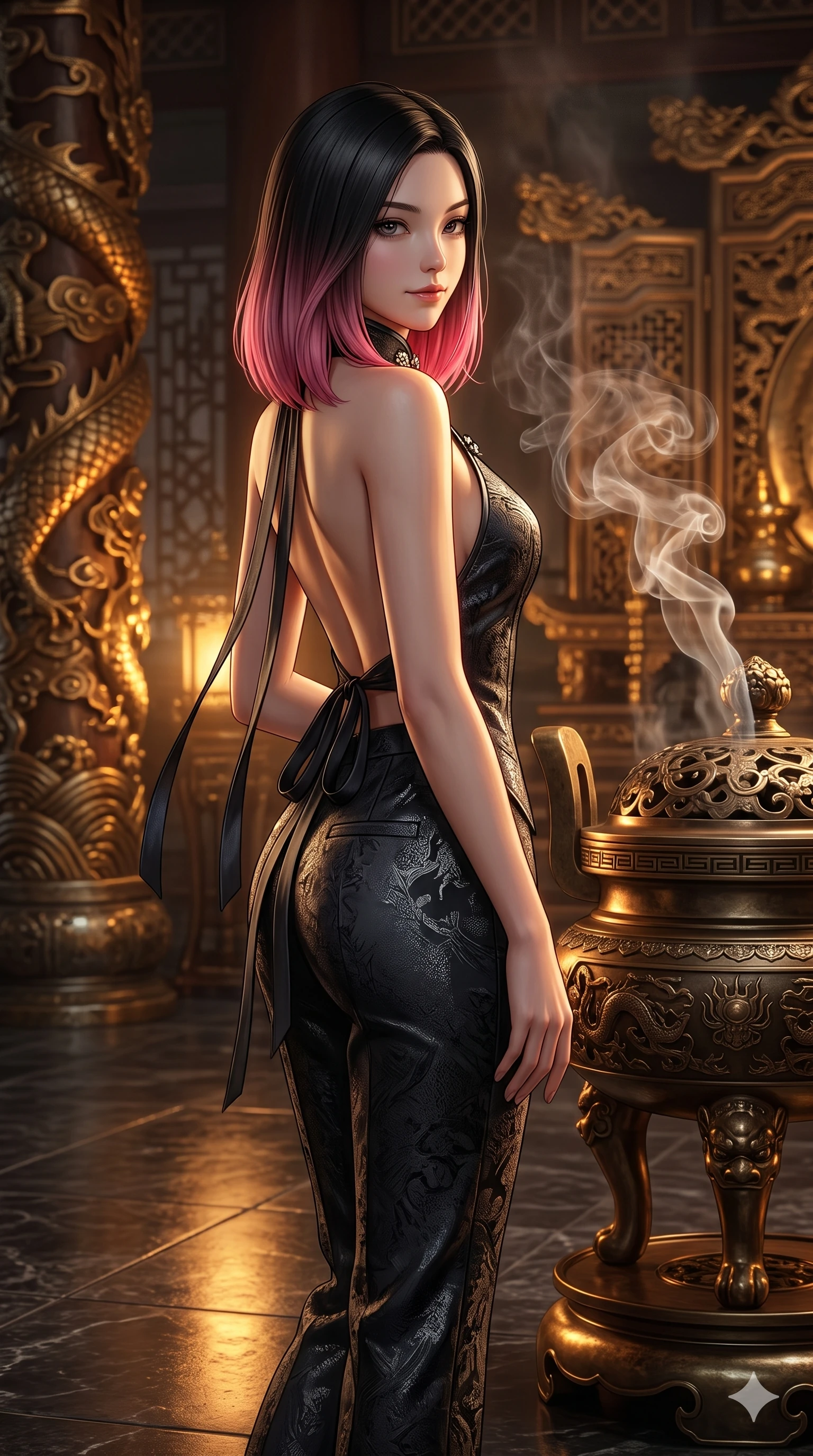 score_9, masterpiece, best quality, ultra-detailed, high-budget anime keyframe, editorial fashion photography, tasteful artistic composition, Korean woman. close-up cowboy shot from the waist and thighs up, the character dominates the composition, filling the frame with her large presence. twisting her slender torso in a deep contrapposto stance, hips dramatically shifted to accentuate her feminine curves while looking past her shoulder with smoldering bedroom-eyes while standing tall beside the antique bronze incense burner, watching swirling aromatic smoke tendrils drift past her flat midriff and hips. The surrounding environment is rendered in vivid detail and crisp panoramic clarity: sharp bronze incense burner openwork lid, carved gilt wood dragon scales, and polished stone floor reflections in deep focus. She has an exceptionally elegant, slender, and willowy female figure with an ultra-slim waist, flat toned midriff, narrow ribcage, and sculpted feminine hips creating an alluring, slim hourglass silhouette without bulk. sharp v-shaped jawline, high-bridge nose, sparkling eyes with hypnotic seductive depth, thick curled eyelashes, glossy parted lips with a natural dewy peach sheen, alluring bedroom-eyes with an enchanting coquettish smile, exuding magnetic siren charisma and sophisticated glamour, flawlessly proportioned anatomical accuracy, strict slender model proportions, natural body alignment, perfectly sculpted long slender limbs, ultra-slim waistline, clean dynamic posture without body distortion. wearing a tailored double-breasted silk brocade pantsuit with mandarin collar and mother-of-pearl dragon crest buttons in liquid mercury chrome and deep ink black, woven from bespoke Korean ramie fabric with crisp tactile slub texture, finished with long silk ribbon ties fluttering down her bare spine from a backless halter, the impeccably tailored cut draping gracefully along her slender figure with aristocratic eastern poise. bathed in warm 2200K bronze brazier glow cutting through atmospheric white incense smoke. ultra-reflective glossy finish, specular highlights, rich textural contrasts, high-contrast stereoscopic depth, volumetric dynamic lighting, 2k, ultra detail, master piece, 9:16 ratio