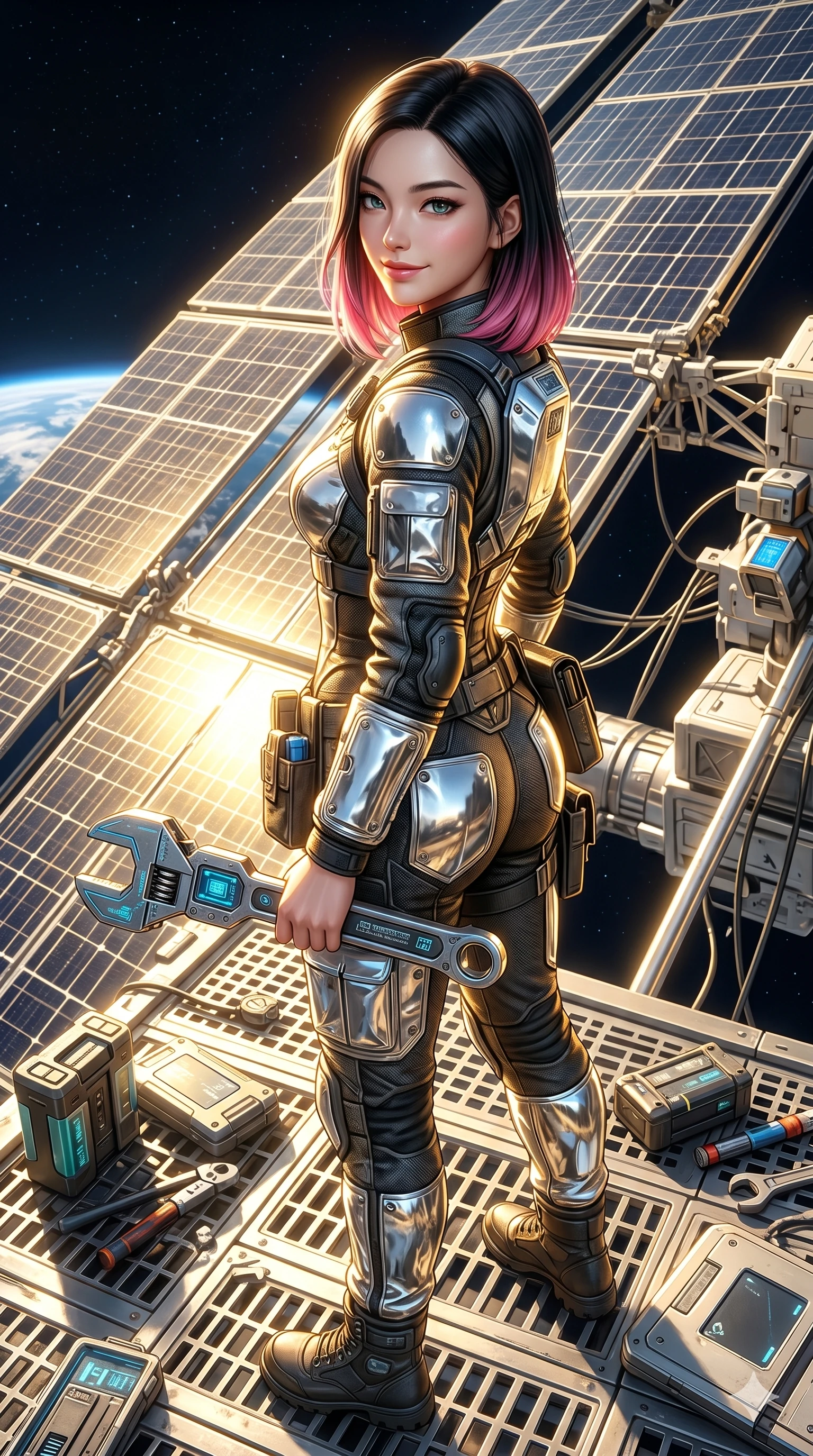 score_9, masterpiece, best quality, ultra-detailed, high-budget anime keyframe, semi-realistic 3D game render, Korean woman. Upper body close-up from the thighs up, character filling the screen for maximum presence. On an orbital solar array platform, during maintenance, holding a high-tech wrench, looking back with a confident, proud smile. She is wearing a heavy-duty utility jumpsuit with reflective silver panels and boots. The scene is drenched in brilliant, high-contrast golden solar rays and dark space background. 2k, ultra detail, master piece, 9:16 ratio