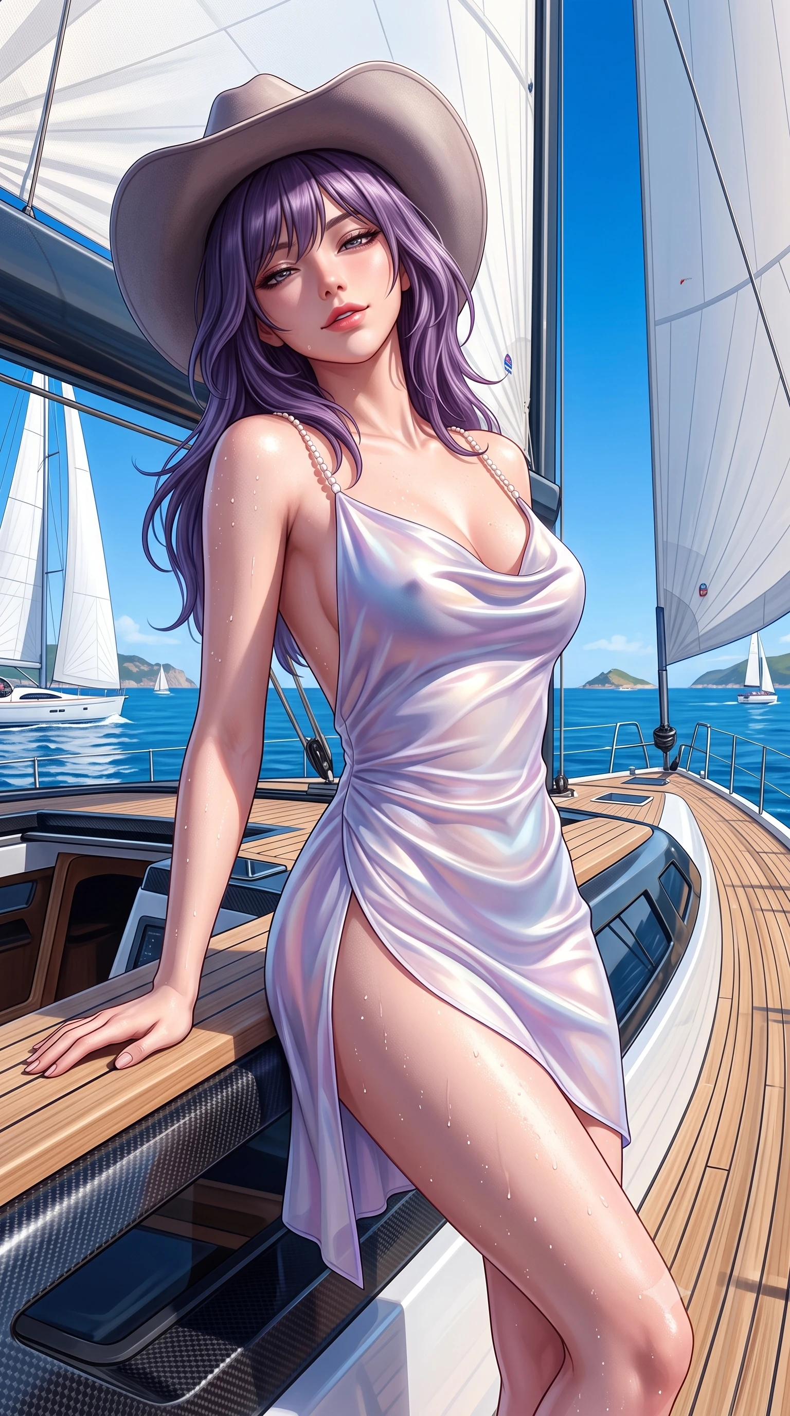 score_9, masterpiece, best quality, ultra-detailed, high-budget anime keyframe, semi-realistic 3D game render, editorial fashion photography, tasteful artistic composition, Japanese woman. close-up cowboy shot from the waist and thighs up, the character dominates the composition, filling the frame with her large presence. leaning back against the balustrade with relaxed seductive grace, head tilted back slightly while casting a hypnotic, heavy-lidded gaze while standing poised on the sleek teak foredeck of the carbon racing yacht, arching her back with high-octane regatta glamour. The surrounding environment is rendered in vivid detail and crisp panoramic clarity: detailed second-skin sailing bodysuit texture, salt-spray droplets on skin, and modern naval architecture in high resolution. She has an exceptionally elegant, slender, and willowy female figure with an ultra-slim waist, flat toned midriff, narrow ribcage, and sculpted feminine hips creating an alluring, slim hourglass silhouette without bulk. sharp v-shaped jawline, high-bridge nose, sparkling eyes with hypnotic seductive depth, thick curled eyelashes, glossy parted lips with a natural dewy peach sheen, alluring bedroom-eyes with an enchanting coquettish smile, exuding magnetic siren charisma and sophisticated glamour, flawlessly proportioned anatomical accuracy, strict slender model proportions, natural body alignment, perfectly sculpted long slender limbs, ultra-slim waistline, clean dynamic posture without body distortion. wearing a slinky backless cowl-neck silk satin beach slip mini dress with dainty pearl spaghetti straps in iridescent mother-of-pearl and dusk lavender, made of sheer gossamer chiffon that drapes softly against skin with airy translucence, finished with a wide-brimmed felt cowboy hat tipped back to frame her face and long glossy hair, the high-slit wrap tailoring accentuating her ultra-slim waistline and the enchanting curve of her feminine hips with alluring seductive charm. bathed in intense maritime sunlight reflecting from open Mediterranean waters and crisp white sails. highly saturated vibrant anime colors, detailed shading with soft gradients, rich glossy textures, high-contrast stereoscopic depth, volumetric dynamic lighting, master piece, 9:16 ratio