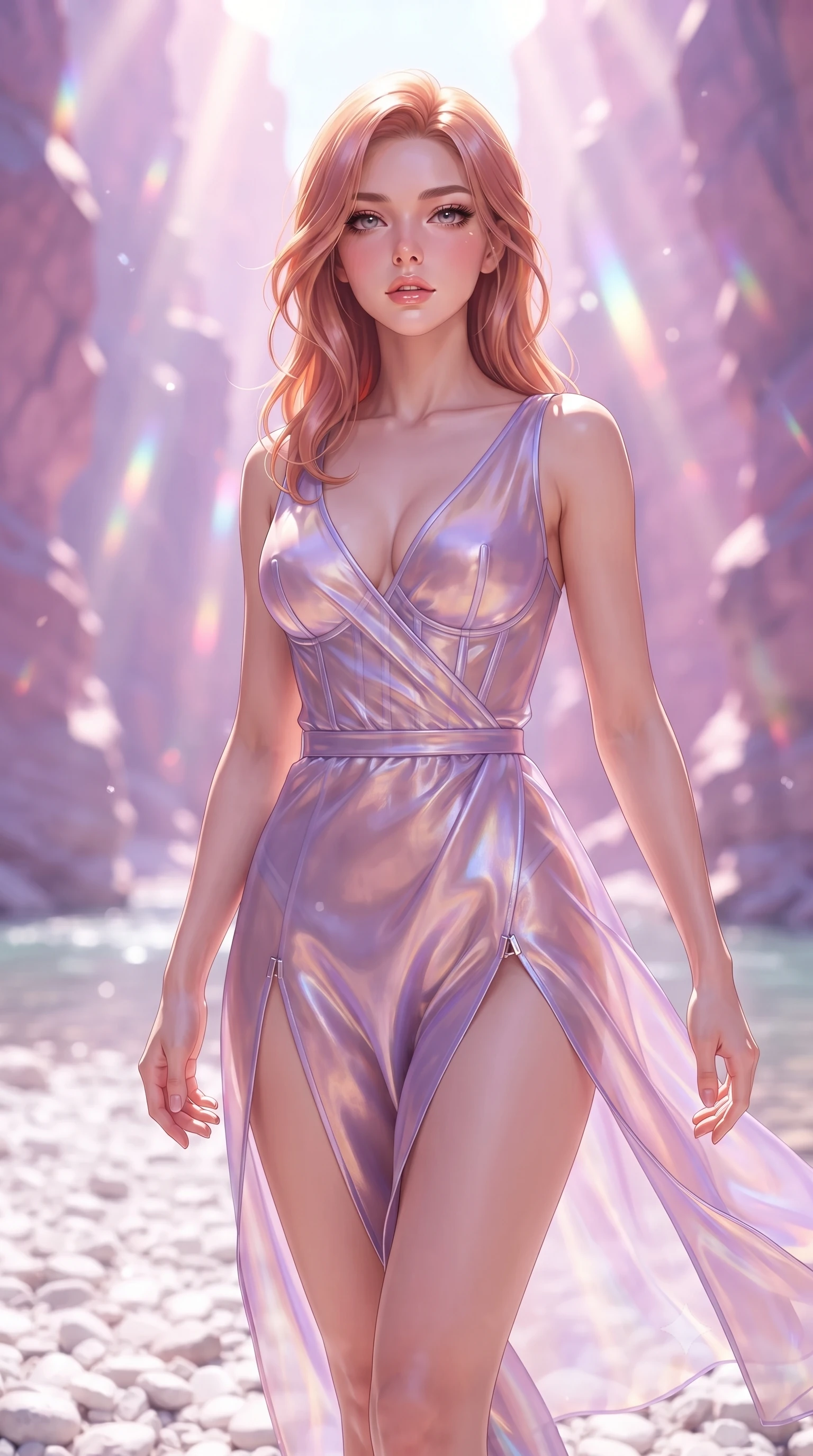score_9, masterpiece, best quality, ultra-detailed, high-budget anime keyframe, editorial fashion photography, tasteful artistic composition, Japanese woman. close-up cowboy shot from the waist and thighs up, the character dominates the composition, filling the frame with her large presence. casting a slow, smoldering gaze beneath heavy lashes with parted glossy lips, her head slightly tilted in captivating self-assurance while stepping along a white pebble riverbank with an alluring, direct smolder looking into the camera lens. The composition keeps background elements in soft focus with creamy bokeh. towering rose quartz and amethyst canyon spires blurred into radiant pastel pink and violet bokeh. She has an exceptionally elegant, slender, and willowy female figure with an ultra-slim waist, a gracefully sculpted slender torso, toned flat midriff, and a refined slim silhouette. sharp v-shaped jawline, high-bridge nose, intricate jewel-like eyes with depth, thick eyelashes, glossy lips with a natural sheen, flawlessly proportioned anatomical accuracy, strict slender model proportions, natural body alignment, perfectly sculpted long slender limbs, ultra-slim waistline, clean dynamic posture without body distortion. wearing a translucent iridescent organza wrap dress with structured bustier boning, plunging neckline, and high-cut dual leg slits in luminous lavender violet and rose gold, made of smooth iridescent silk chiffon that shifts colors with movement, finished with an ultra-high side slit secured by miniature magnetic clasps, the sleek second-skin cut tightly hugging her graceful clavicle, narrow waist, and feminine curves with athletic precision. bathed in bright midday sunbeams penetrating canyon depths with glowing pink and violet crystal refractions. ultra-reflective glossy finish, specular highlights, metallic sheen, high-contrast stereoscopic depth, volumetric dynamic lighting, 2k, ultra detail, master piece, 9:16 ratio