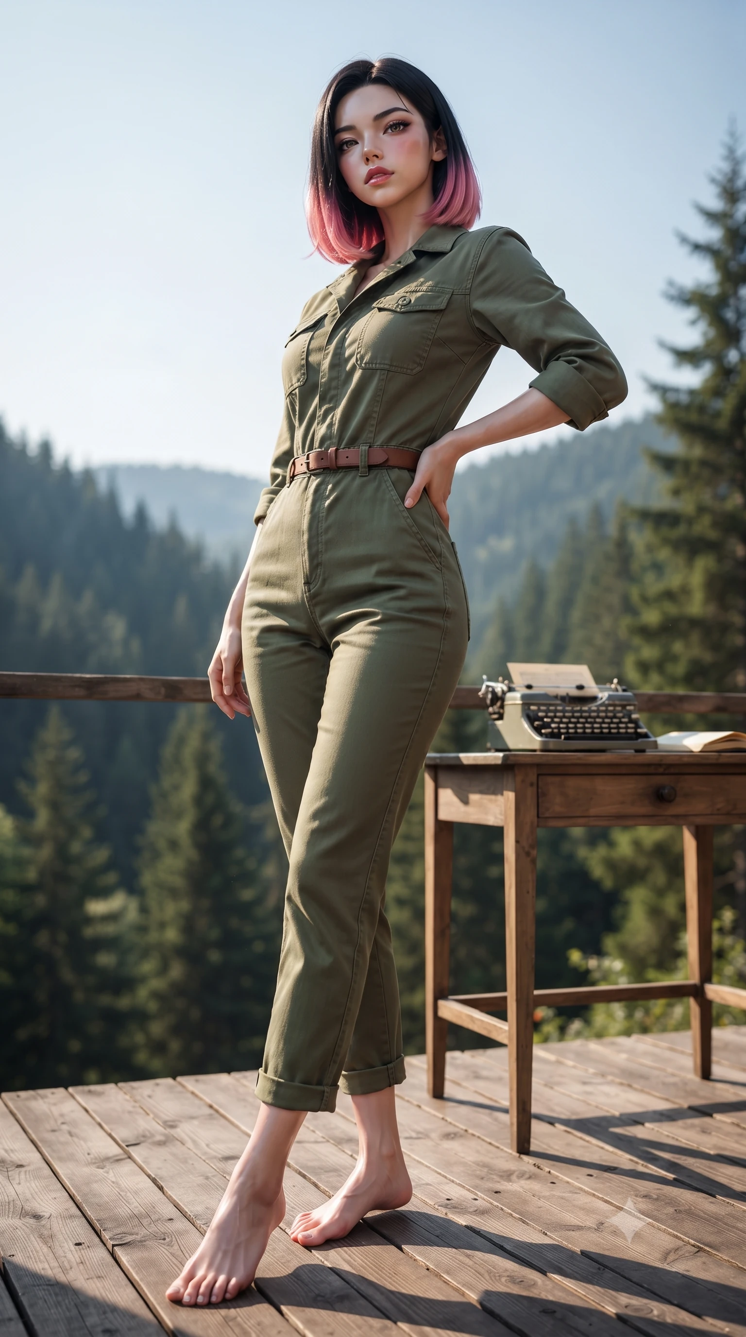 score_9, masterpiece, best quality, ultra-detailed, high-budget anime keyframe, editorial fashion photography, tasteful artistic composition, Korean woman. low angle full-body shot from head to toe showing her feet, filling the entire 9:16 vertical frame with her statuesque presence, stretching her vertical silhouette. posing confidently with one hand on her hip, stretching her statuesque body to emphasize her curves the background shows a soft-focus a quiet writing desk on a glamping veranda facing a pine-covered valley. She has an absolutely perfect, statuesque 8.5-heads proportion, an exceptionally tall and slender model-like female figure with impossibly long slender legs and an ultra-slim waist. sharp v-shaped jawline, high-bridge nose, intricate jewel-like eyes with depth, thick eyelashes, glossy lips with a natural sheen. wearing a body-hugging comfortable olive green cotton utility jumpsuit with a structured collar and rolled-up sleeves. bright morning sun rays creating fresh and energetic shadows. ultra-reflective glossy finish, specular highlights, metallic sheen, high-contrast stereoscopic depth, volumetric dynamic lighting, 2k, ultra detail, master piece, 9:16 ratio