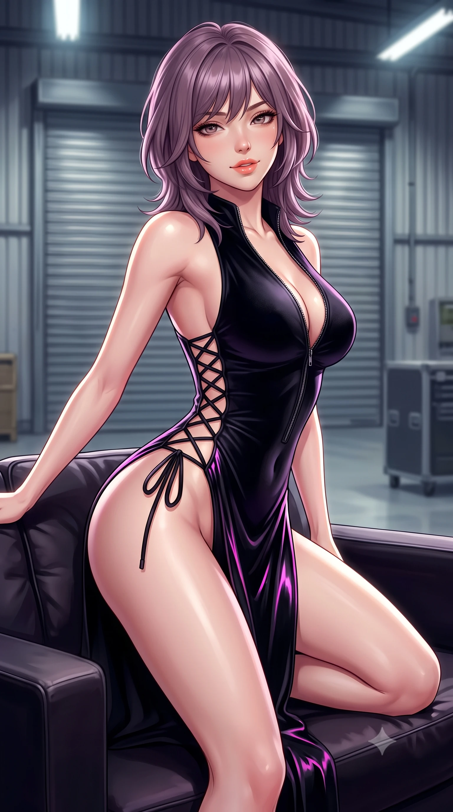 score_9, masterpiece, best quality, ultra-detailed, high-budget anime keyframe, semi-realistic 3D game render, editorial fashion photography, tasteful artistic composition, Japanese woman. close-up cowboy shot from the waist and thighs up, the character dominates the composition, filling the frame with her large presence. perched sideways on the lounge seat, one knee drawn up to showcase her slender leg line while her arched back accentuates her feminine hip curve while twisting her slender torso in an alluring S-curve, high-bay mercury vapor lamps tracing her narrow waist, flat midriff, and curvy hips. The background shows a soft-focus massive corrugated hangar doors softened in top-secret facility shallow focus. She has an exceptionally elegant, slender, and willowy female figure with an ultra-slim waist, flat toned midriff, narrow ribcage, and sculpted feminine hips creating an alluring, slim hourglass silhouette without bulk. sharp v-shaped jawline, high-bridge nose, sparkling eyes with hypnotic seductive depth, thick curled eyelashes, glossy parted lips with a natural dewy peach sheen, alluring bedroom-eyes with an enchanting coquettish smile, exuding magnetic siren charisma and sophisticated glamour, flawlessly proportioned anatomical accuracy, strict slender model proportions, natural body alignment, perfectly sculpted long slender limbs, ultra-slim waistline, clean dynamic posture without body distortion. wearing a form-contouring liquid-tight matte-black tactical bodysuit with a plunging front zipper and high-cut leg openings in wet-look onyx black with electric magenta reflections, tailored from ultra-plush velvet with rich tactile depth and deep shadow gradients, finished with fine criss-cross lace-up side ties revealing tantalizing glimpses of her hip curve, the high-slit wrap tailoring accentuating her ultra-slim waistline and the enchanting curve of her feminine hips with alluring seductive charm. illuminated by composite wing surface bounce and sharp white-gold rim lights defining her collarbones, narrow waist, and curvy hips. highly saturated vibrant anime colors, detailed shading with soft gradients, rich glossy textures, high-contrast stereoscopic depth, volumetric dynamic lighting, master piece, 9:16 ratio
