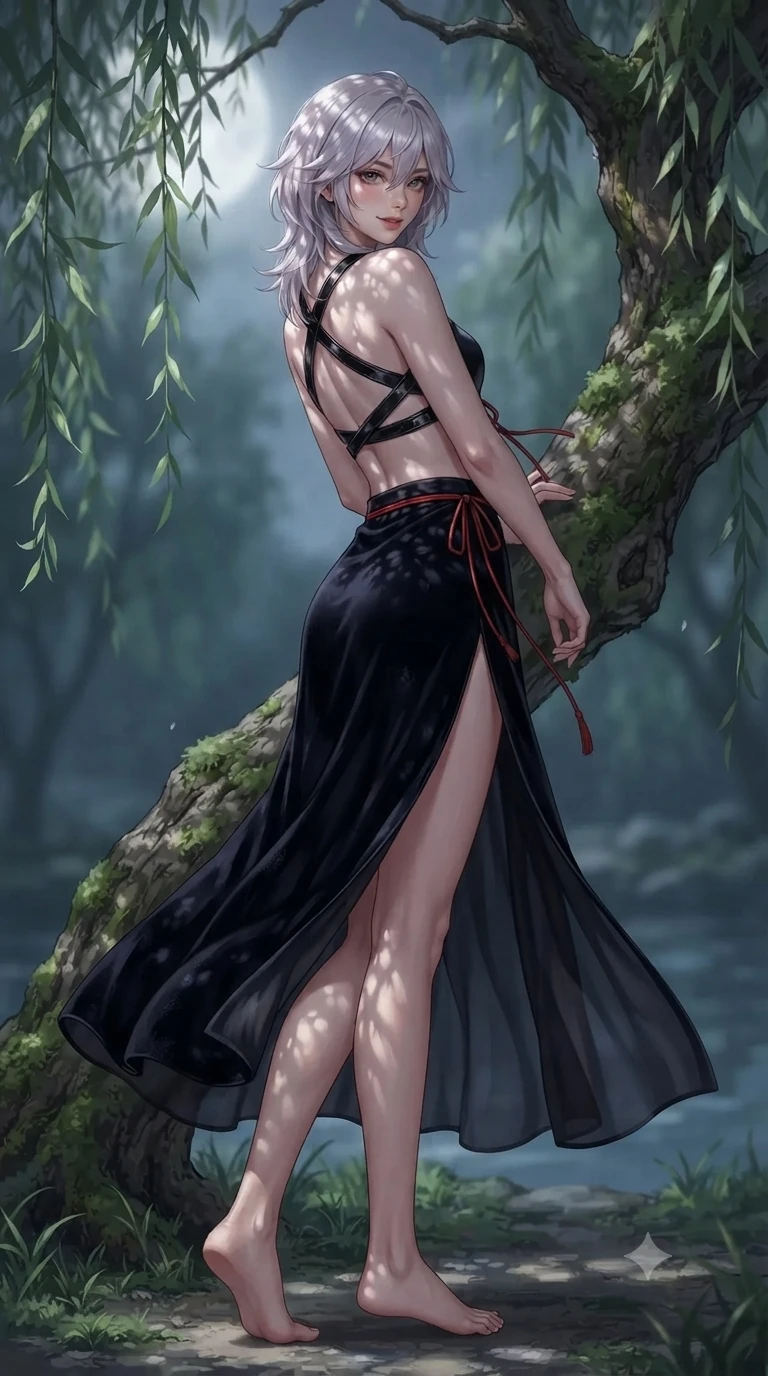 score_9, masterpiece, best quality, ultra-detailed, high-budget anime keyframe, editorial fashion photography, tasteful artistic composition, Japanese woman. low angle full-body shot from head to toe showing her feet, filling the entire 9:16 vertical frame with her statuesque presence, stretching her vertical silhouette. executing a slow, graceful pivot turn as her silk wrap skirt sways around her slender legs, glancing back with an enchanting, teasing sensual expression while leaning against a gnarled willow trunk with hips cocked back, night breezes fluttering her sheer silk garments open around her long legs. The background shows a soft-focus secluded riverbank landscape softened in romantic moonlight shallow focus. She has an absolutely perfect, statuesque 8.5-heads proportion, an exceptionally tall and slender model-like female figure with impossibly long slender legs, an ultra-slim waist, a flat toned midriff, narrow delicate ribcage, and beautifully sculpted feminine hips creating a graceful, slim hourglass silhouette without any bulky heaviness. sharp v-shaped jawline, high-bridge nose, sparkling eyes with hypnotic seductive depth, thick curled eyelashes, glossy parted lips with a natural dewy peach sheen, alluring bedroom-eyes with an enchanting coquettish smile, exuding magnetic siren charisma and sophisticated glamour, flawlessly proportioned anatomical accuracy, strict slender model proportions, natural body alignment, perfectly sculpted long slender limbs, ultra-slim waistline, clean dynamic posture without body distortion. wearing an alluring low-slung modern hanbok wrap skirt with bare waist flanks and delicate silk cord ties in midnight obsidian black and rich cinnabar red, tailored from crushed dark velvet with deep light-absorbing plush texture, featuring an open-back criss-cross harness strap in patent black leather, the high-slit wrap tailoring accentuating her ultra-slim waistline and the enchanting curve of her feminine hips with alluring seductive charm. bathed in ethereal silver moonlight filtering through weeping willow leaves creating intricate dappled shadow patterns. ultra-reflective glossy finish, specular highlights, rich textural contrasts, high-contrast stereoscopic depth, volumetric dynamic lighting, 2k, ultra detail, master piece, 9:16 ratio