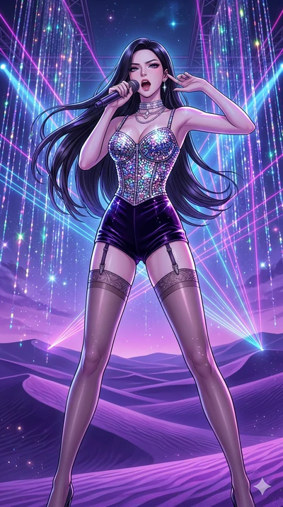 score_9, masterpiece, best quality, ultra-detailed, high-budget anime movie keyframe, cinematic anime lighting, intricate line art, Korean woman. Low angle cowboy shot filling the entire 9:16 frame with her statuesque presence. singing on a laser sta