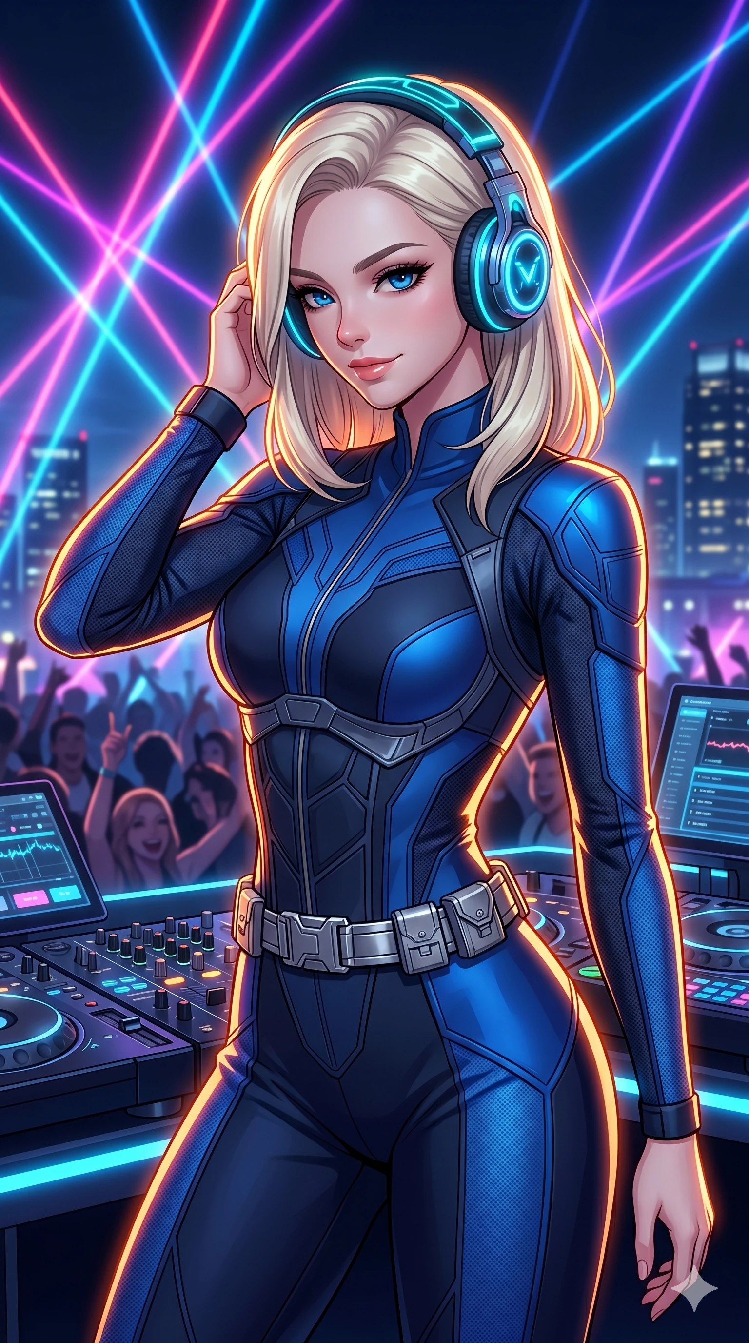 score_9, masterpiece, best quality, ultra-detailed, high-budget anime keyframe, Caucasian woman, strictly human ears. Upper body close-up from the thighs up, character filling the screen for maximum presence. She is adjusting glowing neon headphones at a futuristic rooftop DJ booth. She sways to the music, glancing down at the crowd below with a confident, mesmerizing smile. She has an absolutely perfect 8-heads proportion, a tall and elegant figure with a refined silhouette and a defined waistline. V-shaped jawline, high-bridge nose, intricate jewel-like eyes with depth, thick eyelashes, glossy lips with a natural sheen. She is wearing a high-fashion tech-jumpsuit featuring structured panel overlays across the torso and shoulders, accented by a metallic silver utility belt and textured fabric sleeves. The scene is lit by brilliant neon club laser beams and bright orange key lights tracing her silhouette. 2k, ultra detail, master piece, 9:16 ratio