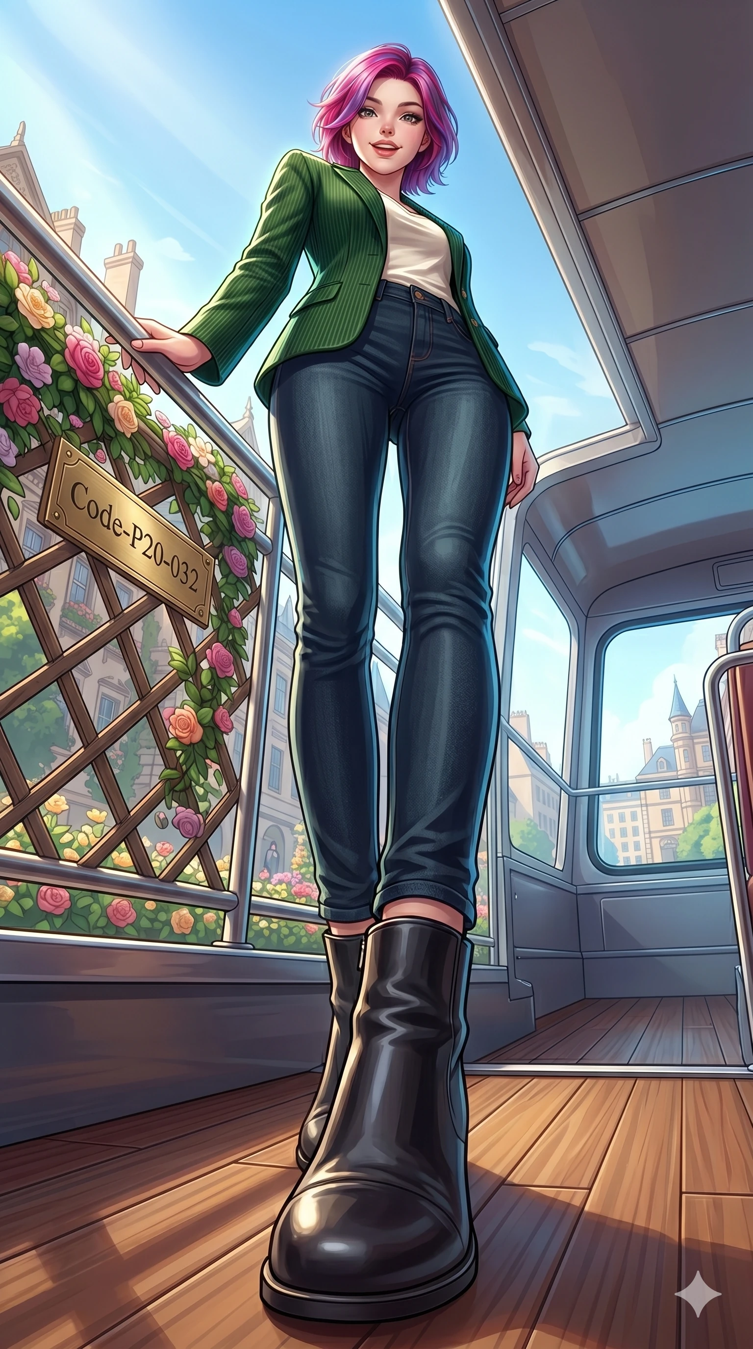 score_9, masterpiece, best quality, ultra-detailed, high-budget anime keyframe, vibrant anime aesthetic, Caucasian woman, strictly human ears. low angle full-body shot from head to toe showing her feet, filling the entire 9:16 vertical frame with her statuesque presence, stretching her vertical silhouette. She is posing with a playful, lively grin, leaning one hand against a flower trellis on an open-air luxury bus deck cruising through a sunny, flower-decorated avenue (Code-P20-032). She has an absolutely perfect 8-heads proportion, an exceptionally tall and slender female figure with impossibly long slender legs and an ultra-slim waist. V-shaped jawline, high-bridge nose, intricate jewel-like eyes with depth, thick eyelashes, glossy lips with a natural sheen. wearing a tailored corduroy blazer over a satin top and jeans. She is cool, bright sky reflections from all sides, outlining her tall slender figure. 2k, ultra detail, master piece, 9:16 ratio