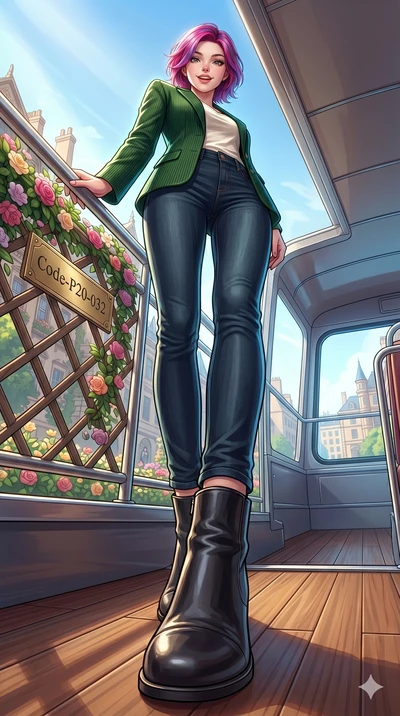 score_9, masterpiece, best quality, ultra-detailed, high-budget anime keyframe, vibrant anime aesthetic, Caucasian woman, strictly human ears. low angle full-body shot from head to toe showing her feet, filling the entire 9:16 vertical frame with her