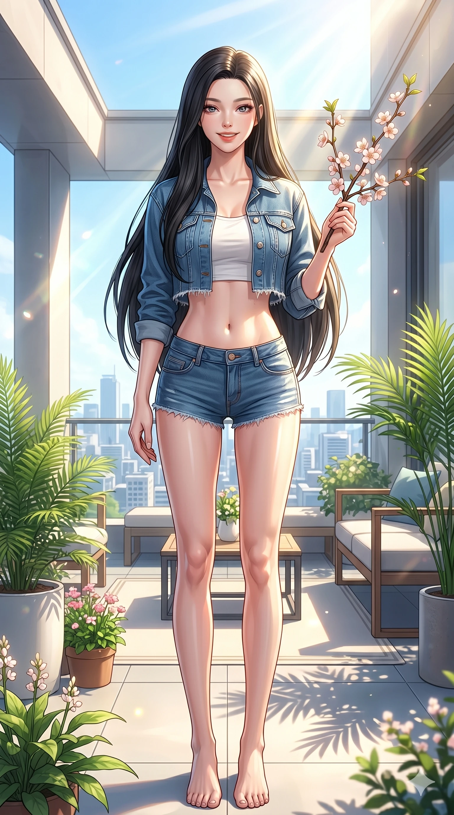 score_9, masterpiece, best quality, ultra-detailed, high-budget anime keyframe, vibrant anime aesthetic, Korean woman. cowboy shot from the thighs up, character and outfit filling the frame for maximum presence. She is holding a spring flower, smiling warmly under the bright sunbeams inside a sun-drenched penthouse terrace at midday (Code-P20-081). She has an absolutely perfect 8-heads proportion, an exceptionally tall and slender female figure with impossibly long slender legs and an ultra-slim waist. V-shaped jawline, high-bridge nose, intricate jewel-like eyes with depth, thick eyelashes, glossy lips with a natural sheen. wearing a cropped jacket showing her exposed midriff and micro-shorts. She is bathed in brilliant, warm morning sunbeams creating sharp highlights on her form. 2k, ultra detail, master piece, 9:16 ratio