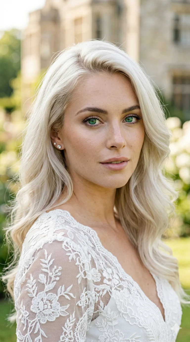 A stunning close-up of a woman with emerald eyes and platinum blonde hair, wearing a white lace dress with delicate embroidery, flawless skin texture showing subtle pores, 2k, ultra detail, master piece, 9:16 ratio