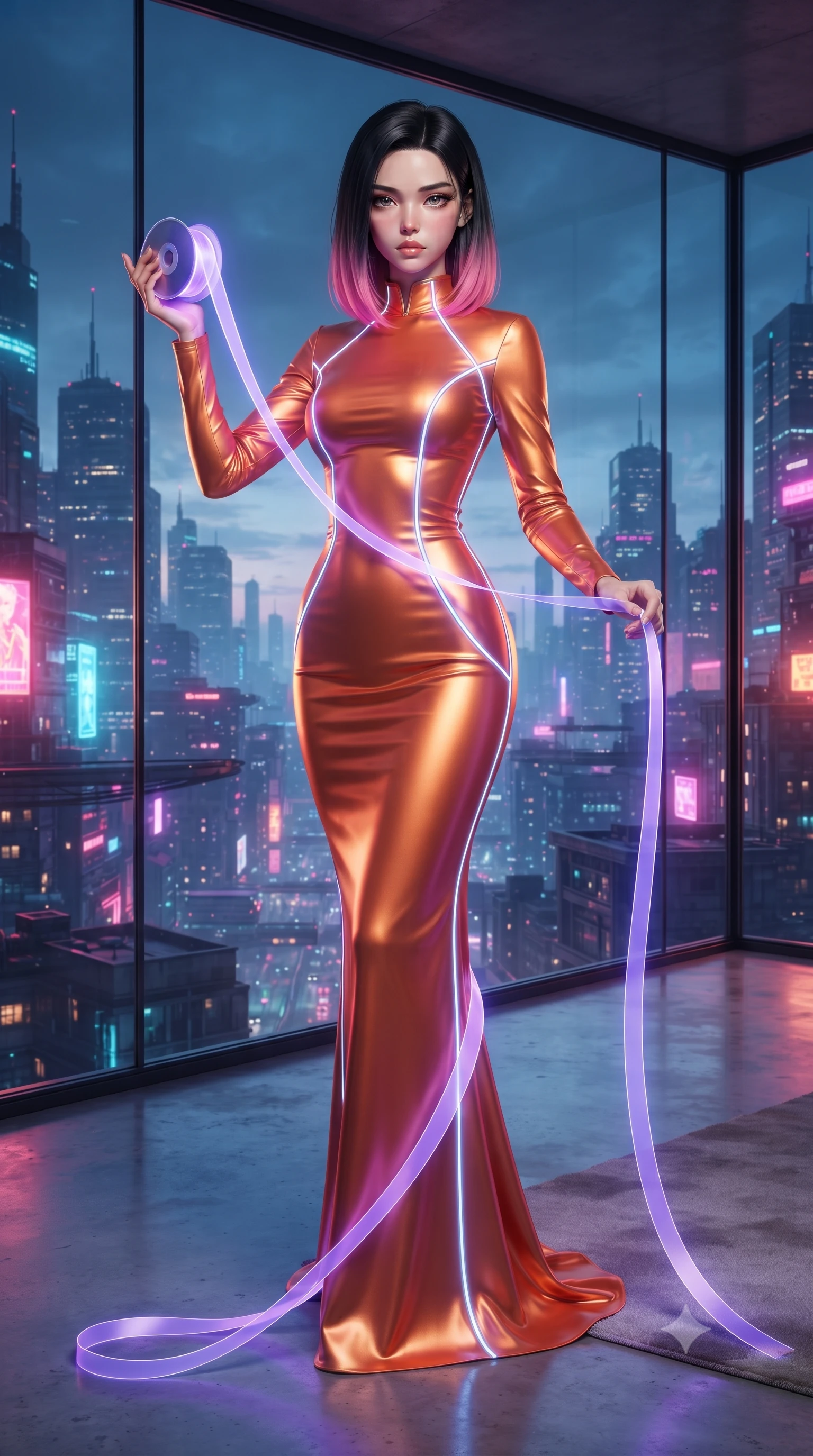 score_9, masterpiece, best quality, ultra-detailed, High-budget Anime Keyframe, editorial fashion photography, tasteful artistic composition, realistic cosplay photography, East Asian woman. Dynamic full-body shot stretching the vertical silhouette to the limit. Scenario 540: unravelling a spool of glowing violet ribbon in a luxury penthouse with floor-to-ceiling glass walls overlooking a neon grid. Her presence is magnetic and overpowering in this high-budget cinematic scene. Outfit 540: a slim-fit sunset orange liquid silk gown featuring a refined mock-neck collar and glowing LED seams. The clothing is designed to emphasize her exceptionally tall and slender 8-heads proportion. 8-heads proportion, towering silhouette, ultra-slim waist. sharp v-shaped jawline, intricate jewel-like eyes with depth, thick eyelashes, glossy lips. ultra-reflective glossy finish, specular highlights, metallic sheen, high-contrast stereoscopic depth, volumetric dynamic lighting, 2k, ultra detail, master piece, 9:16 ratio