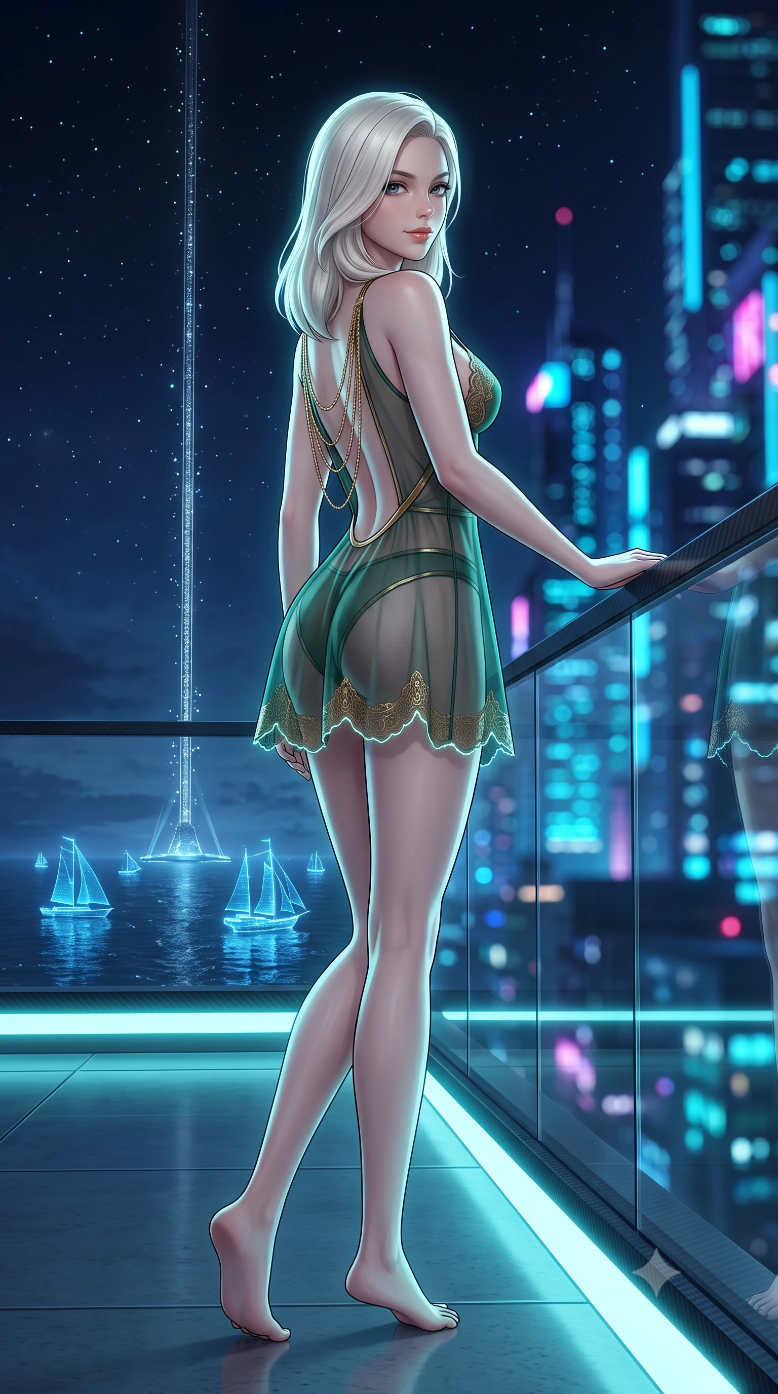 score_9, masterpiece, best quality, ultra-detailed, high-budget anime keyframe, semi-realistic 3D game render, editorial fashion photography, tasteful artistic composition, Caucasian woman. low angle full-body shot from head to toe showing her feet, filling the entire 9:16 vertical frame with her statuesque presence, stretching her vertical silhouette. walking along the terrace with poise, looking back over her bare shoulder with an irresistible smoldering bedroom-gaze while leaning against the transparent carbon-fiber balustrade with hips cocked back, casting an intoxicating smoldering bedroom-gaze over the holographic sea. The background shows a soft-focus glittering orbital space elevator tether stretching to the stars, holographic sailing vessels gliding on dark sea, and cyberpunk city towers blurred into electric cyan, magenta, and sapphire bokeh. She has an exceptionally tall and slender model-like 8.5-heads proportion, an ultra-slim waist, a flat toned midriff, narrow delicate ribcage, and beautifully sculpted feminine hips creating a graceful, slim hourglass silhouette without any bulky heaviness, with impossibly long slender legs. sharp v-shaped jawline, high-bridge nose, intricate jewel-like sparkling eyes with depth, thick eyelashes, glossy parted lips with a natural peach sheen, bright cheerful beaming smile with an enchanting and coquettish sensual glint, exuding both youthful cute charm and seductive allure, flawlessly proportioned anatomical accuracy, strict slender model proportions, natural body alignment, perfectly sculpted long slender limbs, ultra-slim waistline, clean dynamic posture without body distortion. wearing a translucent liquid-latex trimmed sheer lace babydoll with delicate fiber-optic trim along the scalloped hem in French Concession jade green and gilded bronze, woven from fine semi-opaque stretch illusion mesh tracing her slender contours, accented with an open-back drape framed by falling strands of delicate gold chains, the liquid-tight tailored fabric clinging flawlessly to her narrow waist and rounded feminine hips, emphasizing every millimeter of her sculpted slim hourglass curves without any bulky heaviness. illuminated by platform edge electroluminescent strips and sharp platinum-cyan rim lights sculpting her jawline, narrow waist, and curvy hips. highly saturated vibrant anime colors, detailed shading with soft gradients, rich glossy textures, high-contrast stereoscopic depth, volumetric dynamic lighting, master piece, 9:16 ratio