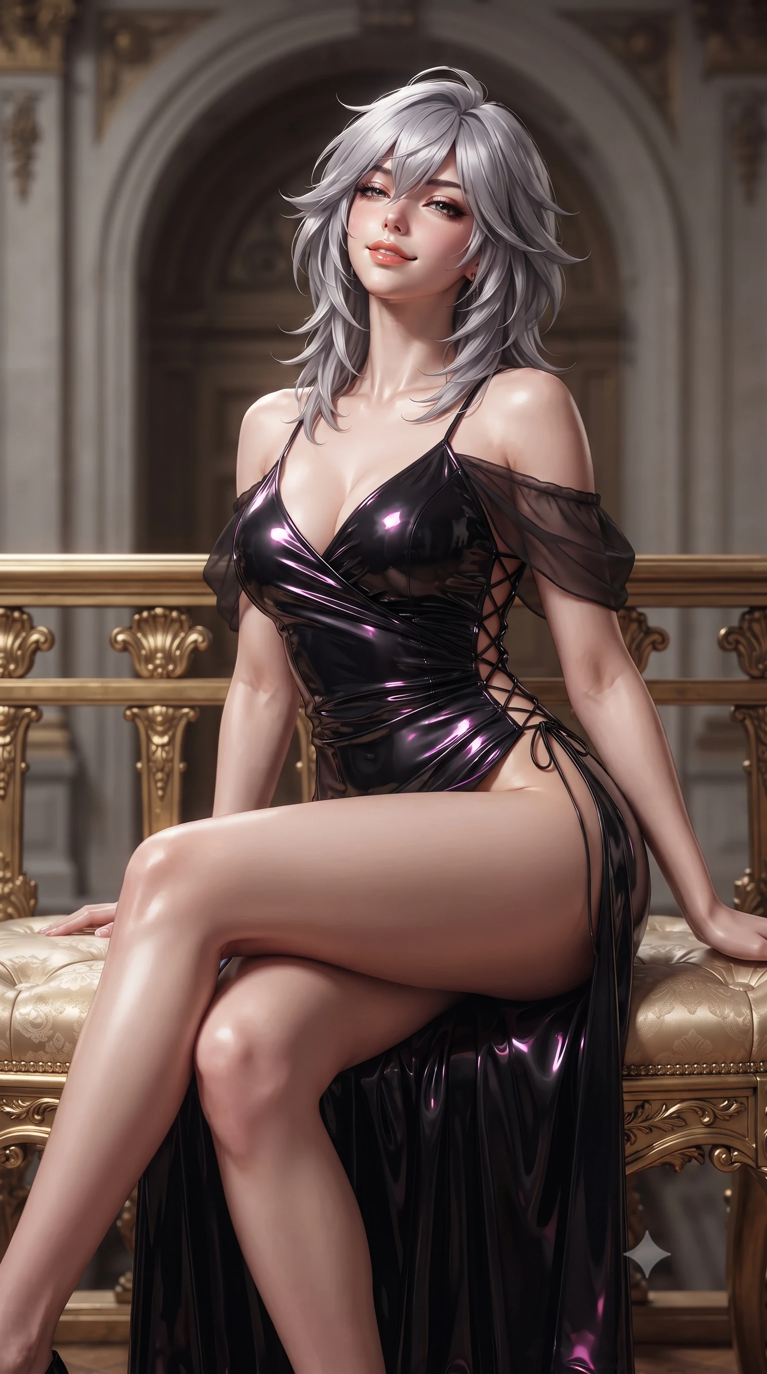 score_9, masterpiece, best quality, ultra-detailed, high-budget anime keyframe, editorial fashion photography, tasteful artistic composition, Japanese woman. close-up cowboy shot from the waist and thighs up, the character dominates the composition, filling the frame with her large presence. leaning back against the balustrade with relaxed seductive grace, head tilted back slightly while casting a hypnotic, heavy-lidded gaze while sitting gracefully on a gilded baroque console bench with legs crossed, displaying her long slender limbs with effortless aristocrat poise. The background shows a soft-focus monumental arched palace doorways softened in grand historical shallow focus. She has an exceptionally elegant, slender, and willowy female figure with an ultra-slim waist, flat toned midriff, narrow ribcage, and sculpted feminine hips creating an alluring, slim hourglass silhouette without bulk. sharp v-shaped jawline, high-bridge nose, sparkling eyes with hypnotic seductive depth, thick curled eyelashes, glossy parted lips with a natural dewy peach sheen, alluring bedroom-eyes with an enchanting coquettish smile, exuding magnetic siren charisma and sophisticated glamour, flawlessly proportioned anatomical accuracy, strict slender model proportions, natural body alignment, perfectly sculpted long slender limbs, ultra-slim waistline, clean dynamic posture without body distortion. wearing a delicate sheer gossamer chiffon ballet wrap dress slipping off bare shoulders with a daring hip-high leg slit in wet-look onyx black with electric magenta reflections, crafted from wet-look high-gloss vinyl fabric with dazzling specular surface reflections, finished with fine criss-cross lace-up side ties revealing tantalizing glimpses of her hip curve, the liquid-tight tailored fabric clinging flawlessly to her narrow waist and rounded feminine hips, emphasizing every millimeter of her sculpted slim hourglass curves without any bulky heaviness. illuminated by polished parquet bounce and sharp golden rim lighting sculpting her jawline, flat midriff, and voluptuous hip curves. ultra-reflective glossy finish, specular highlights, rich textural contrasts, high-contrast stereoscopic depth, volumetric dynamic lighting, 2k, ultra detail, master piece, 9:16 ratio