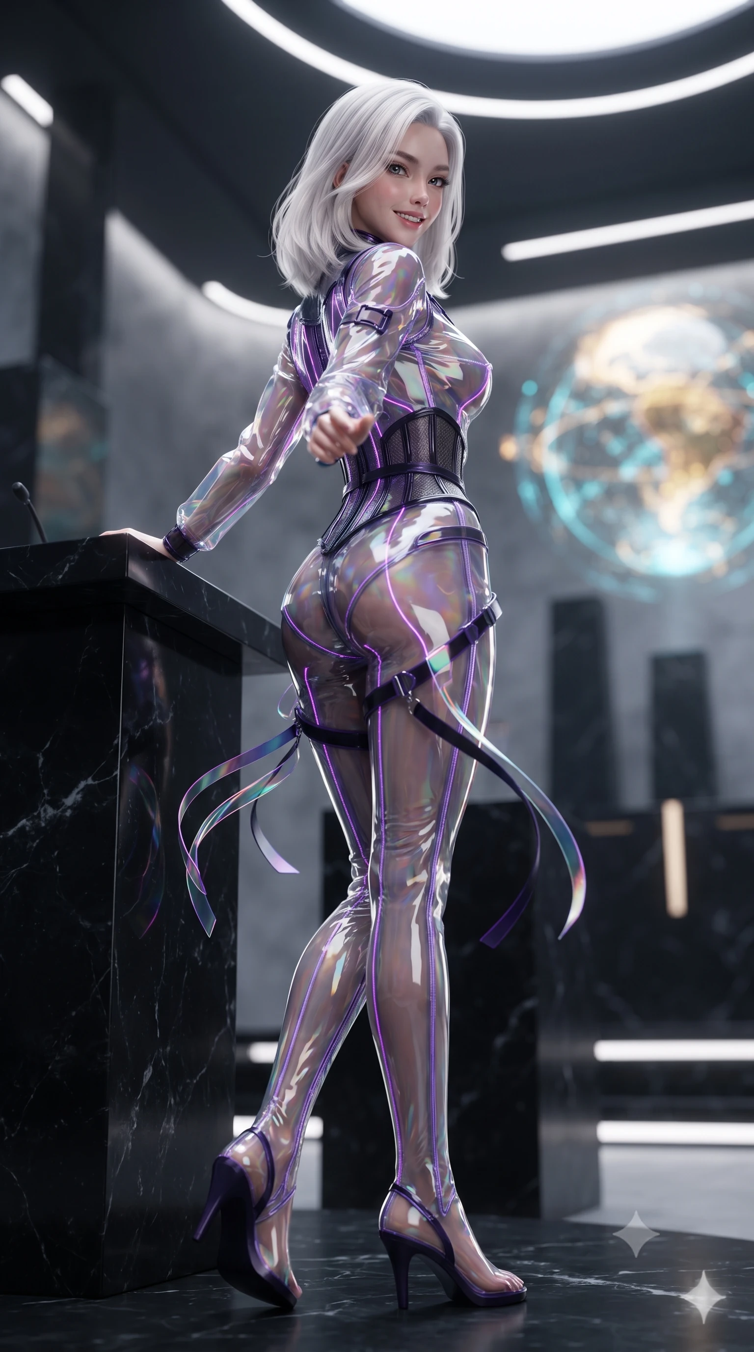 score_9, masterpiece, best quality, ultra-detailed, high-budget anime keyframe, editorial fashion photography, tasteful artistic composition, Korean woman. low angle full-body shot from head to toe showing her feet, filling the entire 9:16 vertical frame with her statuesque presence, stretching her vertical silhouette. executing a cheerful mid-motion pivot turn as her tactical belt and ribbons flutter around her slender legs, glancing over her shoulder with an intoxicating, teasing bedroom-gaze while leaning against the black marble council podium with hips cocked back, looking into the lens with an intoxicating, commanding bedroom-gaze. The background shows a soft-focus soaring minimalist black stone monoliths and recessed lighting strips softened in prestigious sci-fi senate shallow focus. She has an absolutely perfect, statuesque 8.5-heads proportion, an exceptionally tall and slender model-like female figure with impossibly long slender legs, an ultra-slim waist, a flat toned midriff, narrow delicate ribcage, and beautifully sculpted feminine hips creating a graceful, slim hourglass silhouette without any bulky heaviness. sharp v-shaped jawline, high-bridge nose, intricate jewel-like sparkling eyes with depth, thick eyelashes, glossy parted lips with a natural sheen, bright confident smile with an enchanting and coquettish sensual glint, exuding both youthful magnetic charm and sovereign high-tech allure, flawlessly proportioned anatomical accuracy, strict slender model proportions, natural body alignment, perfectly sculpted long slender limbs, ultra-slim waistline, clean dynamic posture without body distortion. wearing a translucent high-gloss polymer flight suit with internal luminescent wire filigree and tailored waist cinching in neon electric violet and deep space obsidian, woven from layered gossamer holographic organza casting chromatic prism reflections, finished with delicate carbon-fiber boning framing the narrow waistline, the form-fitting tactical tailoring adhering flawlessly to her sculpted flat midriff and slender torso, emphasizing her long leg lines and perfectly proportioned willowy build. bathed in regal gold and cyan holographic light radiating from the floating globe matrix. ultra-reflective glossy finish, specular highlights, rich textural contrasts, high-contrast stereoscopic depth, volumetric dynamic lighting, 2k, ultra detail, master piece, 9:16 ratio