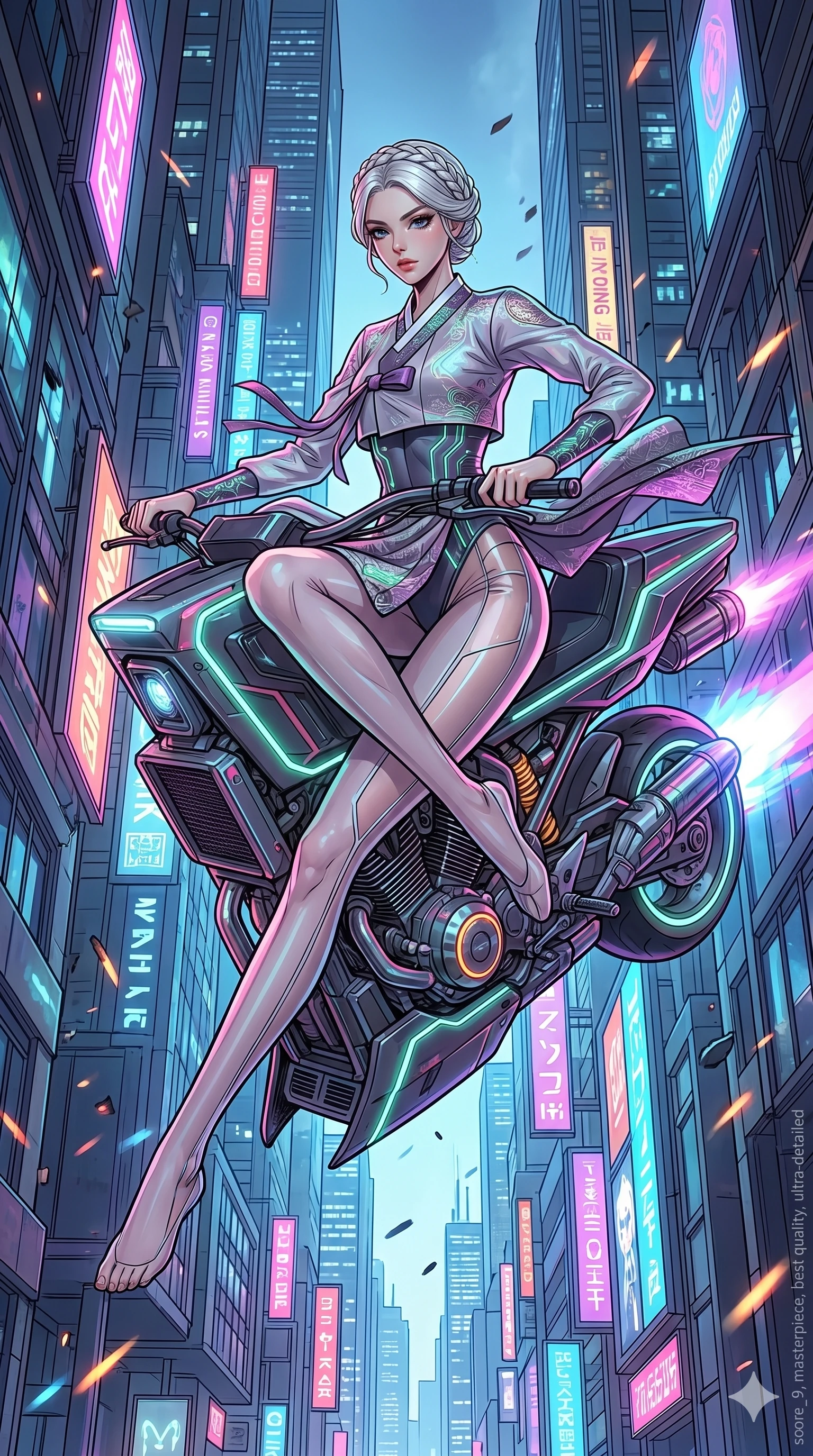 score_9, masterpiece, best quality, ultra-detailed, high-budget anime movie keyframe, cinematic anime lighting, intricate line art, Japanese woman. Mid-air action shot capturing a graceful twist and vertical silhouette. piloting a hover-bike through a narrow canyon of skyscrapers. She has an absolutely perfect 8-heads proportion, an exceptionally tall and slender female figure with an ultra-slim waist and impossibly long slender legs. strictly human anatomy, two legs only, no extra limbs, clearly defined legs and arms, perfect anatomy, perfect hands and fingers. sharp v-shaped jawline, high-bridge nose, intricate jewel-like eyes, thick eyelashes, glossy lips. Wearing Modern Traditional: Shortened cyber-hanbok with fusion silk robes and transparent panels. The scene is illuminated by dramatic atmospheric lighting and vibrant color palettes. , 2k, ultra detail, master piece, 9:16 ratio