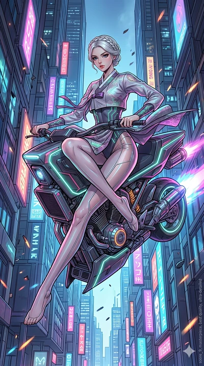 score_9, masterpiece, best quality, ultra-detailed, high-budget anime movie keyframe, cinematic anime lighting, intricate line art, Japanese woman. Mid-air action shot capturing a graceful twist and vertical silhouette. piloting a hover-bike through 