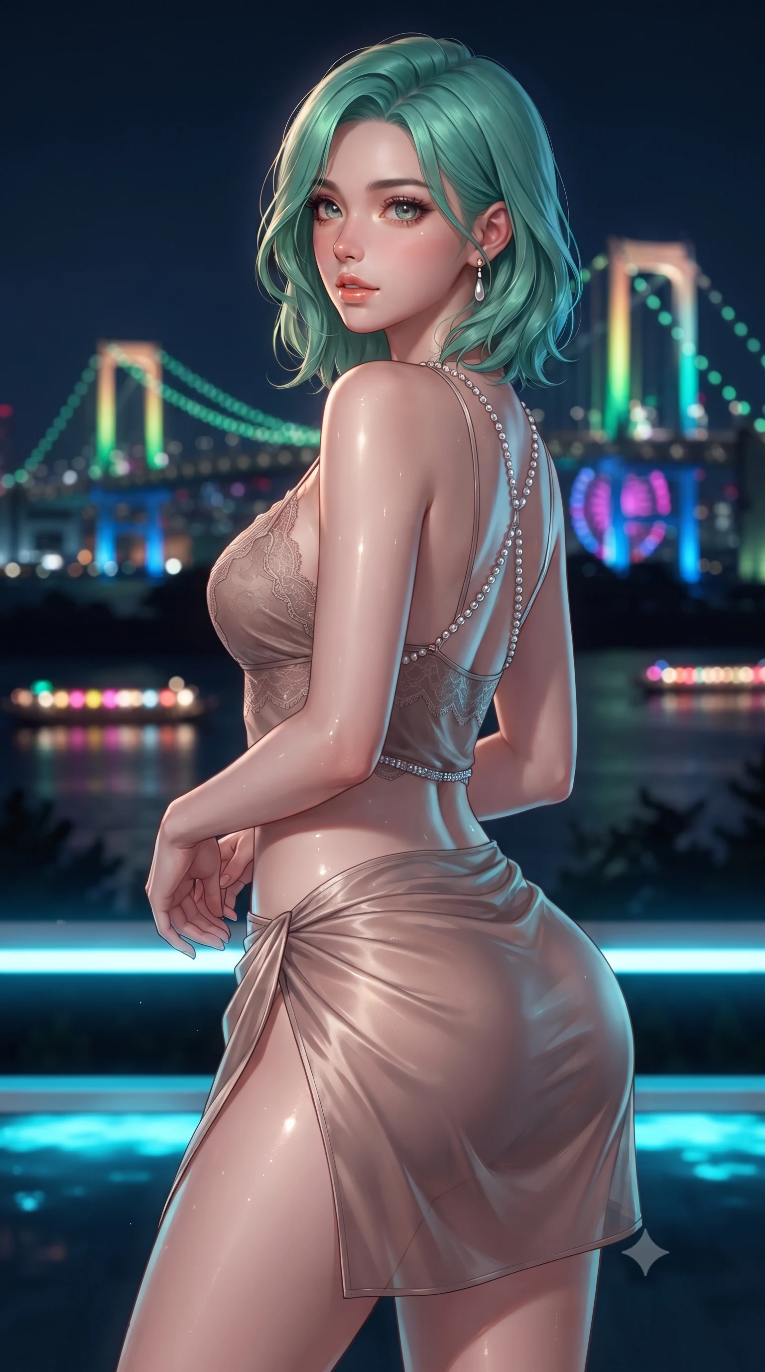score_9, masterpiece, best quality, ultra-detailed, high-budget anime keyframe, editorial fashion photography, tasteful artistic composition, Japanese woman. close-up cowboy shot from the waist and thighs up, the character dominates the composition, filling the frame with her large presence. posing in an alluring rear three-quarter angle, looking over a bare shoulder with parted glossy lips, her hips cocked back to highlight her slim hourglass curve while twisting her slender torso in an alluring S-curve, emerald and ruby bridge illuminations reflecting across her bare skin, flat midriff, and curvy hips. The background shows a soft-focus magnificent illuminated cables of Rainbow Bridge spanning the dark bay water, cruising dinner boat lanterns, and Odaiba ferris wheel blurred into emerald, magenta, and sapphire bokeh. She has an exceptionally elegant, slender, and willowy female figure with an ultra-slim waist, flat toned midriff, narrow ribcage, and sculpted feminine hips creating an alluring, slim hourglass silhouette without bulk. sharp v-shaped jawline, high-bridge nose, sparkling eyes with hypnotic seductive depth, thick curled eyelashes, glossy parted lips with a natural dewy peach sheen, alluring bedroom-eyes with an enchanting coquettish smile, exuding magnetic siren charisma and sophisticated glamour, flawlessly proportioned anatomical accuracy, strict slender model proportions, natural body alignment, perfectly sculpted long slender limbs, ultra-slim waistline, clean dynamic posture without body distortion. wearing a delicate lace-trimmed silk camisole paired with a draped satin wrap sarong mini skirt with high side slit in sheer dusky champagne and glistening crystal trims, crafted from fluid liquid silk satin that clings smoothly to every curve with a dewy sheen, accented with a pearl-drop body harness subtly framing her dewy collarbones and spine, the liquid-tight tailored fabric clinging flawlessly to her narrow waist and rounded feminine hips, emphasizing every millimeter of her sculpted slim hourglass curves without any bulky heaviness. bathed in brilliant underwater cyan LED lighting combined with vivid multi-colored illuminations from the Rainbow Bridge. ultra-reflective glossy finish, specular highlights, rich textural contrasts, high-contrast stereoscopic depth, volumetric dynamic lighting, 2k, ultra detail, master piece, 9:16 ratio