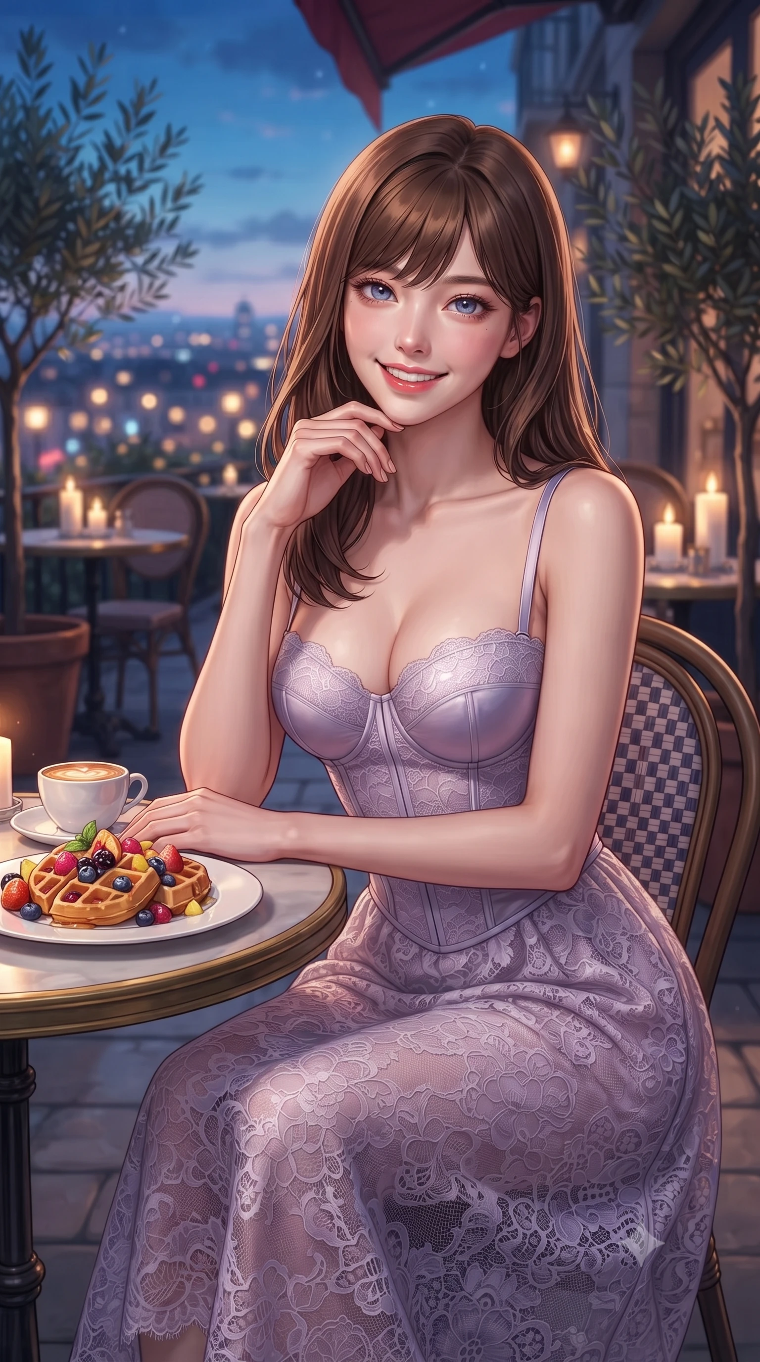score_9, masterpiece, best quality, ultra-detailed, high-budget anime keyframe, editorial fashion photography, tasteful artistic composition, Korean woman. close-up cowboy shot from the waist and thighs up, the character dominates the composition, filling the frame with her large presence, background elements kept in soft focus. smiling with cute and bright self-assurance, looking directly at the viewer set against a soft-focus background of on a lively street-side bistro terrace next to potted olive trees with a plate of fresh fruit waffles and a cup of coffee on the table. She has an exceptionally elegant, slender, and willowy female figure with an ultra-slim waist, a gracefully sculpted slender torso, and a refined silhouette. sharp v-shaped jawline, high-bridge nose, intricate jewel-like eyes with depth, thick eyelashes, glossy lips with a natural sheen. wearing slim-fit tailored bustier corset in soft lavender silk with a semi-opaque lace long skirt. soft candle light clashing with the cool blue city twilight sky outside. ultra-reflective glossy finish, specular highlights, metallic sheen, high-contrast stereoscopic depth, volumetric dynamic lighting, 2k, ultra detail, master piece, 9:16 ratio