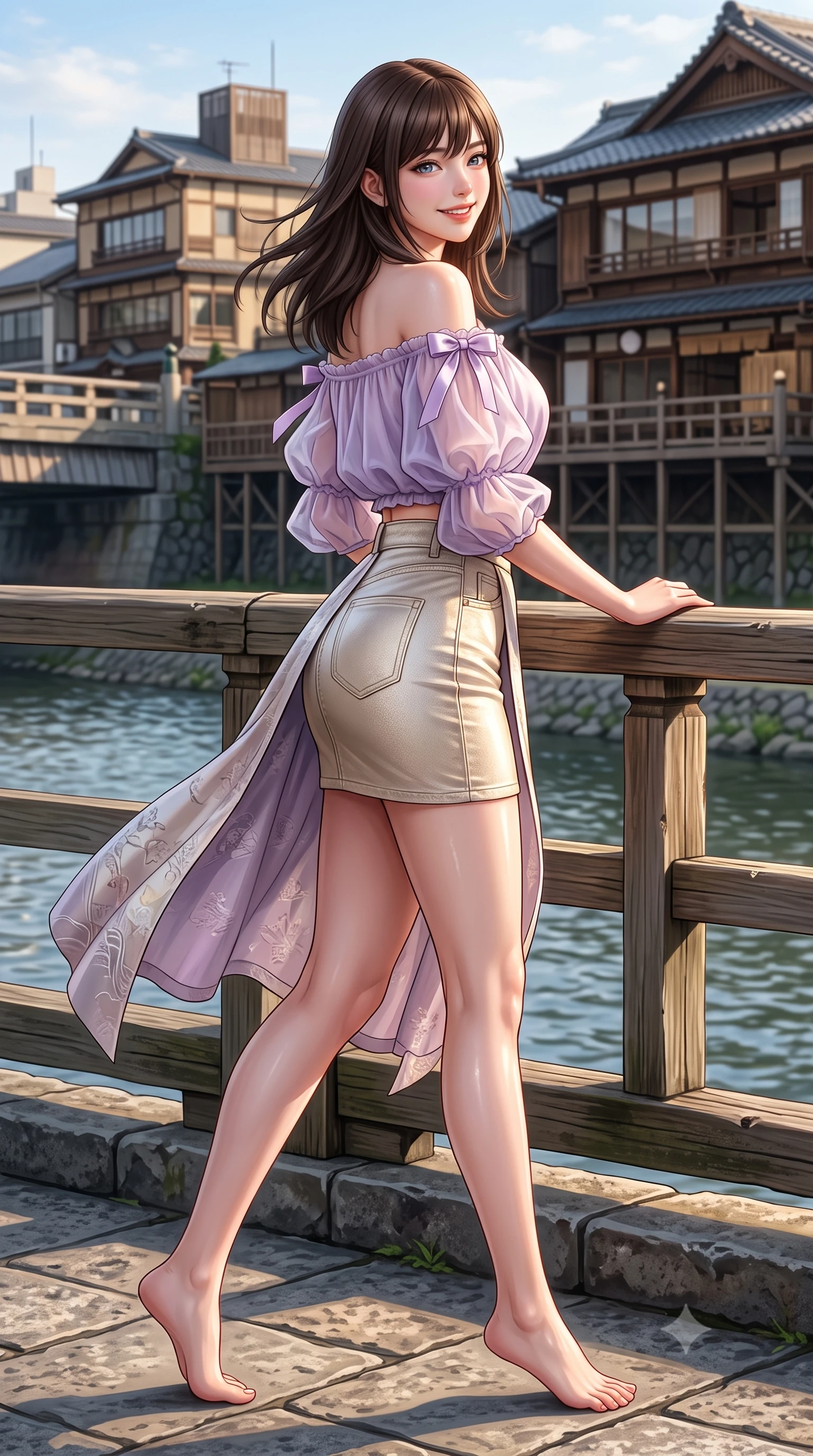 score_9, masterpiece, best quality, ultra-detailed, high-budget anime keyframe, semi-realistic 3D game render, editorial fashion photography, tasteful artistic composition, Korean woman. low angle full-body shot from head to toe showing her feet, filling the entire 9:16 vertical frame with her statuesque presence, stretching her vertical silhouette. stepping forward gracefully in mid-motion with a radiant beaming smile, hips swaying in an alluring kinetic rhythm that accentuates her curvy hourglass silhouette and long slender legs while leaning against the cedarwood railing with hips cocked back, looking over a bare shoulder with an enchanting, shy yet alluring smile. The surrounding environment is rendered in vivid detail and crisp panoramic clarity. detailed silk dress drape, soft sun glints on skin, and Kyoto riverbank architecture in high resolution. She has an exceptionally tall and slender model-like 8.5-heads proportion, an ultra-slim waist, a flat toned midriff, narrow delicate ribcage, and beautifully sculpted feminine hips creating a graceful, slim hourglass silhouette without any bulky heaviness, with impossibly long slender legs. sharp v-shaped jawline, high-bridge nose, intricate jewel-like sparkling eyes with depth, thick eyelashes, glossy parted lips with a natural peach sheen, bright cheerful beaming smile with an enchanting and coquettish sensual glint, exuding both youthful cute charm and seductive allure, flawlessly proportioned anatomical accuracy, strict slender model proportions, natural body alignment, perfectly sculpted long slender limbs, ultra-slim waistline, clean dynamic posture without body distortion. wearing an off-shoulder puff-sleeve crop blouse with a tight high-waisted denim A-line mini skirt emphasizing her curvy hips in soft lilac and champagne shimmer, woven from layered gossamer organza with weightless flutter, finished with cute satin bow ribbons tying at the shoulders, the glove-like silhouette tightly following the natural contour of her hips and long slender legs with youthful 8.5-heads elegance. illuminated by gentle water surface reflections sharply defining her razor-sharp jawline, narrow waist, and curvy hips. highly saturated vibrant anime colors, detailed shading with soft gradients, rich glossy textures, high-contrast stereoscopic depth, volumetric dynamic lighting, master piece, 9:16 ratio