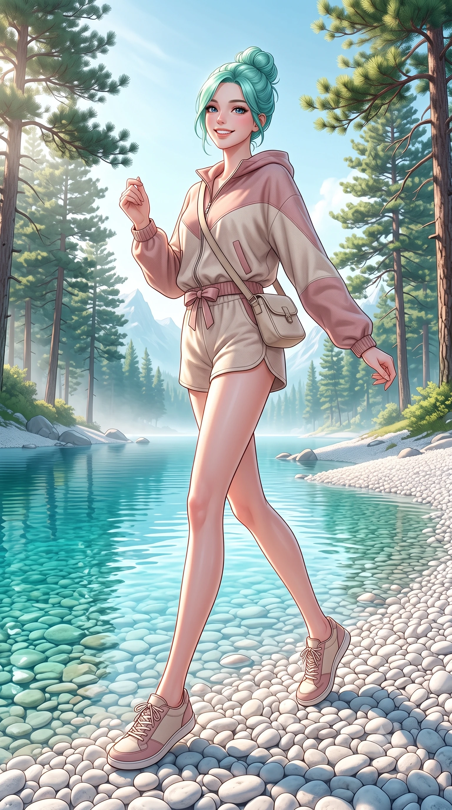 score_9, masterpiece, best quality, ultra-detailed, high-budget anime keyframe, semi-realistic 3D game render, editorial fashion photography, tasteful artistic composition, Japanese woman. low angle full-body shot from head to toe showing her feet, filling the entire 9:16 vertical frame with her statuesque presence, stretching her vertical silhouette. walking forward in a cheerful, dynamic stride with a radiant beaming smile, her statuesque silhouette filling the frame while skipping playfully along smooth white pebble shores, looking back over her shoulder with an enchanting, sweet smile. The surrounding environment is rendered in vivid detail and crisp panoramic clarity. crystal-clear turquoise water revealing smooth underwater pebbles, towering pine needles, and distant peaks in high clarity. She has an absolutely perfect, statuesque 8.5-heads proportion, an exceptionally tall and slender model-like female figure with impossibly long slender legs, a toned flat midriff, and an ultra-slim waist. sharp v-shaped jawline, high-bridge nose, intricate jewel-like eyes with depth, thick eyelashes, glossy lips with a natural sheen, pure and lovely fresh girlhood expression, flawlessly proportioned anatomical accuracy, strict slender model proportions, natural body alignment, perfectly sculpted long slender limbs, ultra-slim waistline, clean dynamic posture without body distortion. wearing a cute sporty pastel windbreaker paired with high-waisted active shorts and a canvas crossbody bag in soft dusty rose and oatmeal beige, tailored from soft pastel lightweight wool blend with subtle texture, accented with a dainty ribbon bow at the waistline, the relaxed yet flattering fit accentuating her naturally graceful and slender figure, highlighting her youthful charm and lovely silhouette. illuminated by soft morning mist backlighting and emerald water ambient bounce. highly saturated vibrant anime colors, detailed shading with soft gradients, rich glossy textures, high-contrast stereoscopic depth, volumetric dynamic lighting, master piece, 9:16 ratio