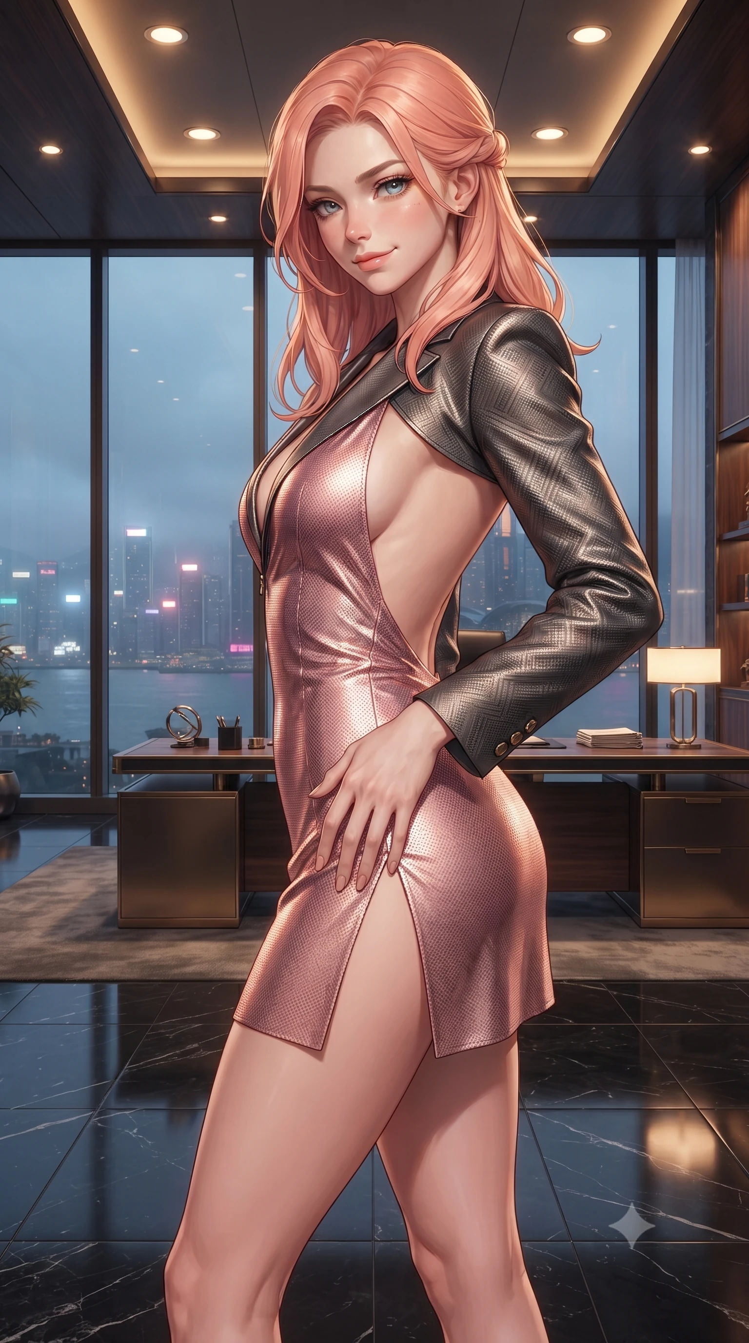 score_9, masterpiece, best quality, ultra-detailed, high-budget anime keyframe, editorial fashion photography, tasteful artistic composition, Japanese woman. close-up cowboy shot from the waist and thighs up, the character dominates the composition, filling the frame with her large presence. tilting her head with a teasing half-smile, running one hand slowly down the side of her hip in a flirtatious S-curve as ambient light caresses her silhouette while standing poised on the black mirror marble floor before the panoramic window wall overlooking misty Victoria Harbor, arching her lower back with sovereign supermodel poise. The surrounding environment is rendered in vivid detail and crisp panoramic clarity: detailed haute-couture tactical blazer, rich fabric textures, and executive high-tech interior design in razor-sharp precision. She has an exceptionally elegant, slender, and willowy female figure with an ultra-slim waist, flat toned midriff, narrow ribcage, and sculpted feminine hips creating an alluring, slim hourglass silhouette without bulk. sharp v-shaped jawline, high-bridge nose, intricate jewel-like sparkling eyes with depth, thick eyelashes, glossy parted lips with a natural peach sheen, bright cheerful beaming smile with an enchanting and coquettish sensual glint, exuding both youthful cute charm and seductive allure, flawlessly proportioned anatomical accuracy, strict slender model proportions, natural body alignment, perfectly sculpted long slender limbs, ultra-slim waistline, clean dynamic posture without body distortion. wearing an alluring backless metallic lamé combat halter mini dress with deep open back down to her lower spine and thigh-high slit in Solaris liquid rose-quartz and alien peach, woven from structured carbon-fiber jacquard with rich textural depth, finished with sleek magnetic buckle closures fluttering in the breeze, the second-skin tailored fabric adhering flawlessly to her sculpted flat midriff and slender torso, emphasizing her long leg lines and perfectly proportioned willowy build. bathed in warm 2700K recessed ceiling spotlights combined with the cool multi-colored nightscape radiance of the harbor. ultra-reflective glossy finish, specular highlights, rich textural contrasts, high-contrast stereoscopic depth, volumetric dynamic lighting, 2k, ultra detail, master piece, 9:16 ratio