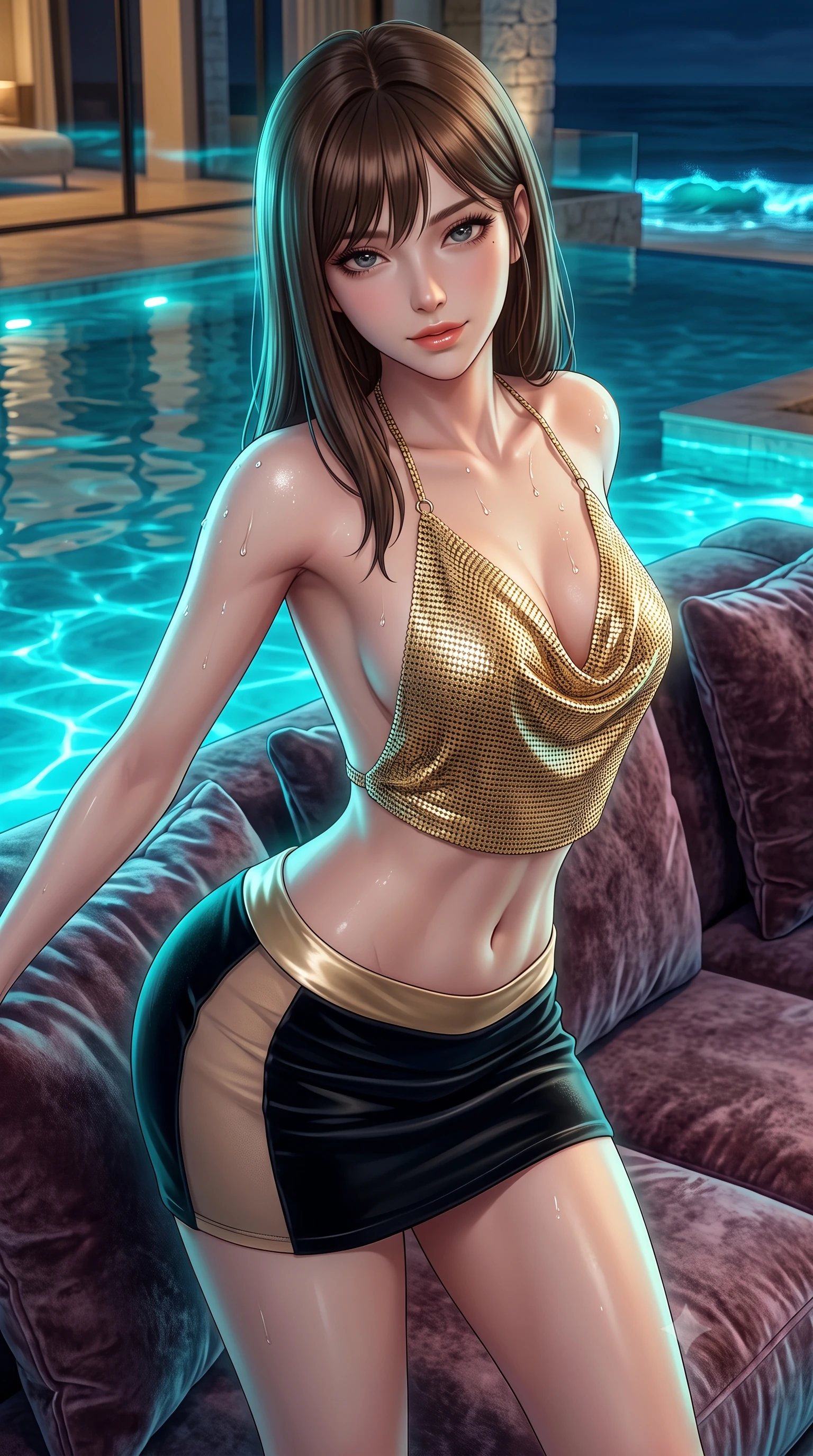 score_9, masterpiece, best quality, ultra-detailed, high-budget anime keyframe, semi-realistic 3D game render, editorial fashion photography, tasteful artistic composition, Korean woman. close-up cowboy shot from the waist and thighs up, the character dominates the composition, filling the frame with her large presence. leaning forward over the velvet sofa while arching her lower back to accentuate her curvy hips, looking into the camera with an intoxicating smoldering gaze and bedroom-eyes while twisting her slender torso in an alluring S-curve as coastal midnight breezes flutter her sheer sarong around her long slender legs and curvy hips. The surrounding environment is rendered in vivid detail and crisp panoramic clarity: sharp glass infinity edge rim reflections, limestone texture, and glowing bioluminescent wave crests in deep focus. She has an exceptionally elegant, slender, and willowy female figure with an ultra-slim waist, flat toned midriff, narrow ribcage, and sculpted feminine hips creating an alluring, slim hourglass silhouette without bulk. sharp v-shaped jawline, high-bridge nose, sparkling eyes with hypnotic seductive depth, thick curled eyelashes, glossy parted lips with a natural dewy peach sheen, alluring bedroom-eyes with an enchanting coquettish smile, exuding magnetic siren charisma and sophisticated high-fashion glamour, flawlessly proportioned anatomical accuracy, strict slender model proportions, natural body alignment, perfectly sculpted long slender limbs, ultra-slim waistline, clean dynamic posture without body distortion. wearing a liquid gold chainmail halter cowl top paired with an ultra-low-rise velvet mini skirt in midnight obsidian black and liquid champagne gold, made of semi-opaque stretch illusion mesh with soft shadowy contours, finished with glistening drops of pool water beading across her sculpted shoulders and collarbones, the form-contouring silhouette accentuating her sculpted flat midriff, narrow delicate ribcage, and gracefully curvy hips with intoxicating allure. bathed in eerie glowing cyan bioluminescence from the water mixed with warm villa patio lighting. highly saturated vibrant anime colors, detailed shading with soft gradients, rich glossy textures, high-contrast stereoscopic depth, volumetric dynamic lighting, master piece, 9:16 ratio