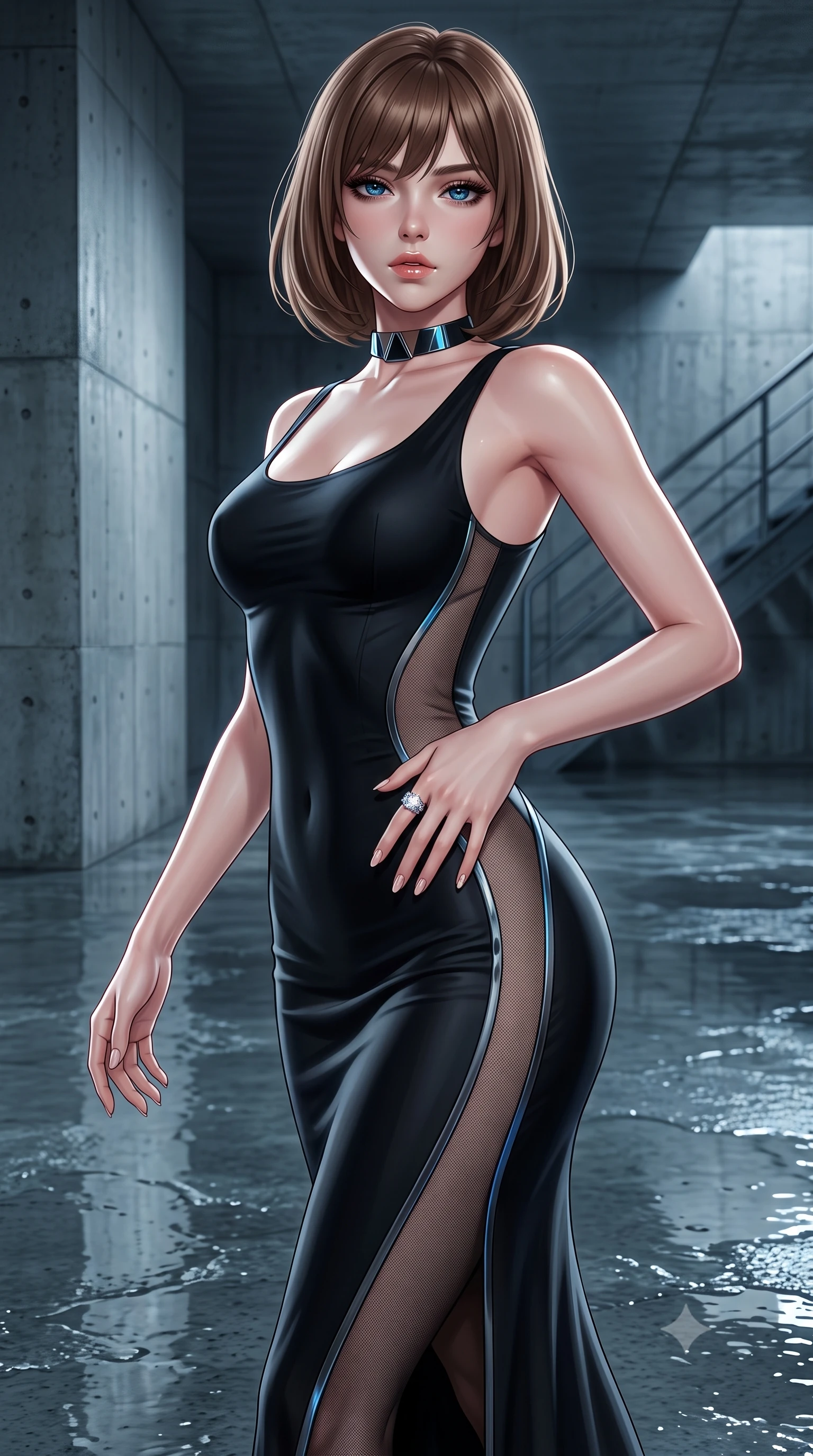 score_9, masterpiece, best quality, ultra-detailed, high-budget anime keyframe, semi-realistic 3D game render, editorial fashion photography, tasteful artistic composition, Caucasian woman. close-up cowboy shot from the waist and thighs up, the character dominates the composition, filling the frame with her large presence. resting one manicured hand delicately on her hip bone, her upper body turning in a fluid, seductive S-curve while parted lips glisten in the light while striding across the reflective wet subterranean floor, her aerodynamic liquid-finish gown clinging to her narrow waist and long slender legs. The surrounding environment is rendered in vivid detail and crisp panoramic clarity. sharp raw concrete formwork seams, water puddle surface caustics, and distant service stairway railings in deep focus. She has an exceptionally elegant, slender, and willowy female figure with an ultra-slim waist, flat toned midriff, narrow ribcage, and sculpted feminine hips creating an alluring, slim hourglass silhouette without bulk. sharp v-shaped jawline, high-bridge nose, intricate jewel-like eyes with depth, thick eyelashes, glossy parted lips with a natural sheen, intensely captivating and seductive bedroom-eyes expression, flawlessly proportioned anatomical accuracy, strict slender model proportions, natural body alignment, perfectly sculpted long slender limbs, ultra-slim waistline, clean dynamic posture without body distortion. wearing a second-skin black silk jersey maxi dress with asymmetrical sheer mesh side panels tracing the full curve of her hip in metallic gunmetal and electric azure, made of fluid silk crepe with delicate inner corsetry boning, complemented by a bold geometric choker and sparkling cocktail ring, the second-skin form-contouring cut accentuating her sculpted flat midriff, narrow delicate ribcage, and gracefully curvy hips with supermodel precision. illuminated by wet floor specular reflections sharply carving her razor-sharp jawline, narrow waist, and curvy hips. highly saturated vibrant anime colors, detailed shading with soft gradients, rich glossy textures, high-contrast stereoscopic depth, volumetric dynamic lighting, master piece, 9:16 ratio
