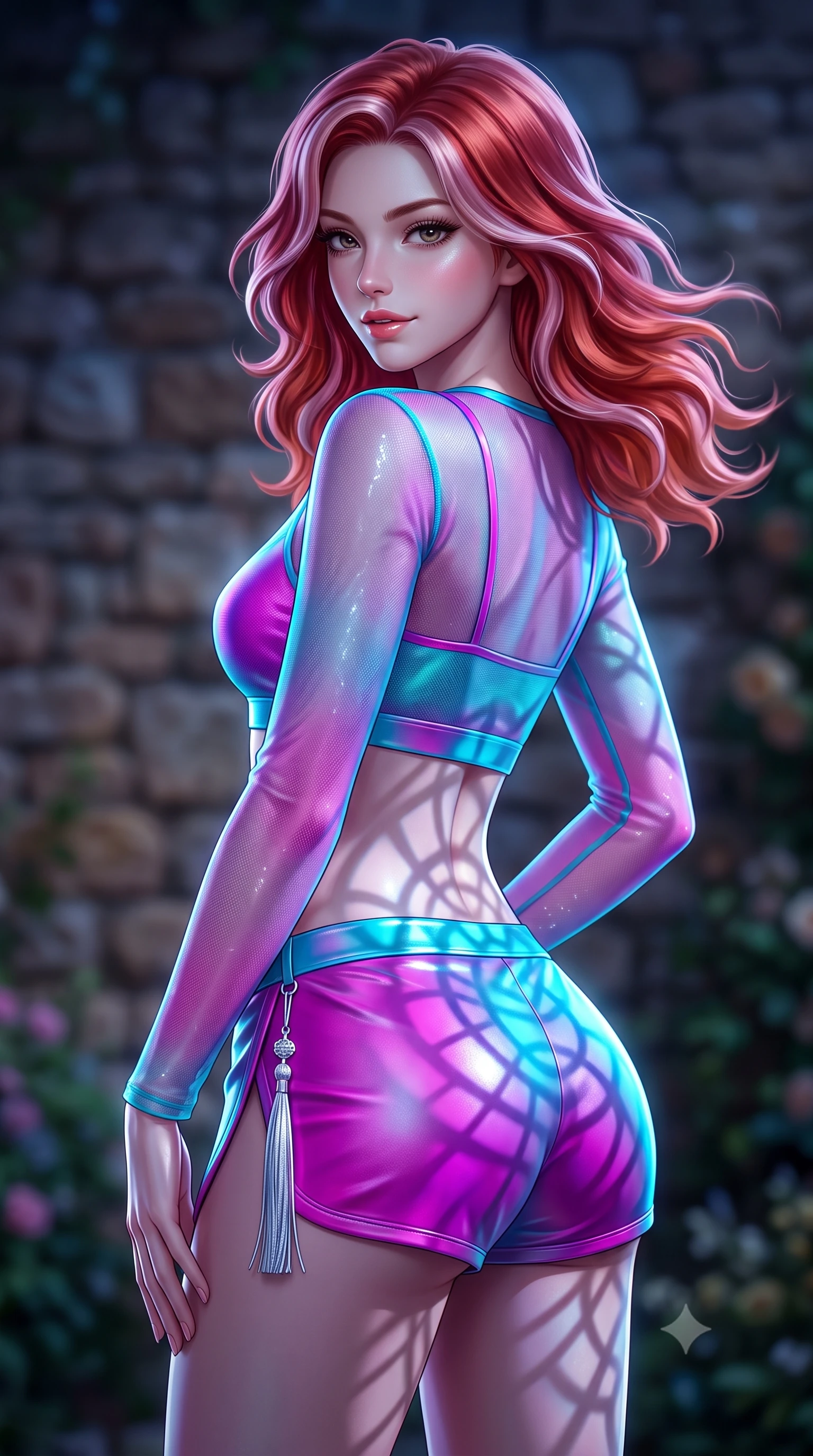 score_9, masterpiece, best quality, ultra-detailed, high-budget anime keyframe, semi-realistic 3D game render, editorial fashion photography, tasteful artistic composition, Caucasian woman. close-up cowboy shot from the waist and thighs up, the character dominates the composition, filling the frame with her large presence. posing in an alluring rear three-quarter angle, looking over a bare shoulder with parted glossy lips, her hips cocked back to highlight her slim hourglass curve while twisting her slender torso in an alluring S-curve, midnight moonlight casting geometric circular shadows over her waist and hips. The background shows a soft-focus rustic stone masonry softened in intimate royal garden shallow focus. She has an exceptionally elegant, slender, and willowy female figure with an ultra-slim waist, flat toned midriff, narrow ribcage, and sculpted feminine hips creating an alluring, slim hourglass silhouette without bulk. sharp v-shaped jawline, high-bridge nose, sparkling eyes with hypnotic seductive depth, thick curled eyelashes, glossy parted lips with a natural dewy peach sheen, alluring bedroom-eyes with an enchanting coquettish smile, exuding magnetic siren charisma and sophisticated glamour, flawlessly proportioned anatomical accuracy, strict slender model proportions, natural body alignment, perfectly sculpted long slender limbs, ultra-slim waistline, clean dynamic posture without body distortion. wearing a sheer athletic mesh long-sleeve crop top layered over an opaque strappy micro-bralette and tight leatherette shorts in electric 80s magenta and neon cyan with chrome highlights, made of delicate semi-sheer Korean gossamer organza with subtle pearlescent glints, accented with an intricate silver norigae tassel swaying gracefully along her curving hip line, the high-slit wrap tailoring accentuating her ultra-slim waistline and the enchanting curve of her feminine hips with alluring seductive charm. illuminated by stone bounce fill and sharp platinum rim lights defining her collarbones, narrow waist, and curvy hips. highly saturated vibrant anime colors, detailed shading with soft gradients, rich glossy textures, high-contrast stereoscopic depth, volumetric dynamic lighting, master piece, 9:16 ratio