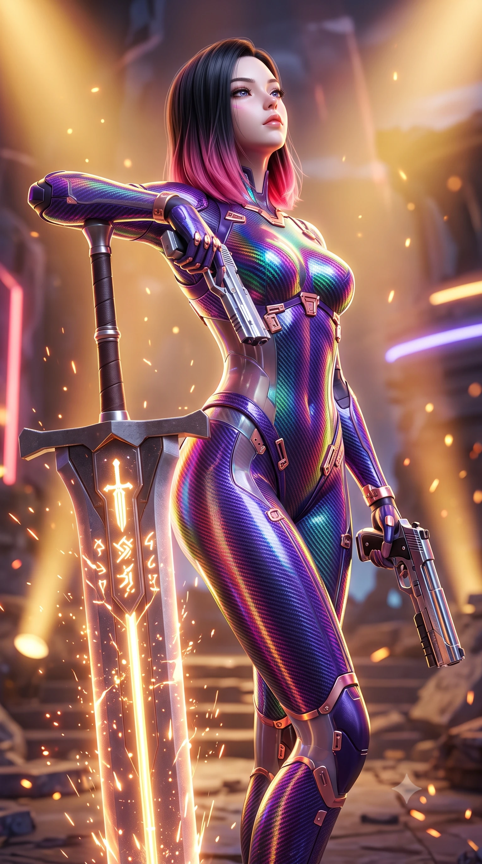 score_9, masterpiece, best quality, ultra-detailed, high-budget anime keyframe, semi-realistic 3D game render, editorial fashion photography, tasteful artistic composition, Korean woman. close-up cowboy shot from the waist and thighs up, the character dominates the composition, filling the frame with her large presence. tilting her head back with serene regal elegance, her sharp jawline and sculpted collarbones highlighted by glowing weapon energy reflections while pivoting dynamically as she plants the colossal greatsword tip into the ground, leaning on the hilt with sovereign poise. The composition keeps background elements in soft focus with creamy bokeh. sparks and glowing sword glyphs scattering radiant light motes across a ruined futuristic backdrop. She has an exceptionally elegant, slender, and willowy female figure with an ultra-slim waist, a gracefully sculpted slender torso, toned flat midriff, and a refined slim silhouette. sharp v-shaped jawline, high-bridge nose, intricate jewel-like eyes with depth, thick eyelashes, glossy lips with a natural sheen, flawlessly proportioned anatomical accuracy, strict slender model proportions, natural body alignment, perfectly sculpted long slender limbs, ultra-slim waistline, clean dynamic posture without body distortion. wearing a high-gloss iridescent rainbow carbon-weave bodysuit with translucent cybernetic panels, brandishing dual sleek chrome particle beam pistols in a dynamic combat stance in royal purple carbon fiber with rose-gold hardware and clasps, crafted from ultra-strong woven carbon-fiber composite with a satin luster, finished with high-mobility articulation joints and miniature magnetic armor locks, the sleek second-skin cut tightly hugging her graceful clavicle, narrow waist, and feminine curves with athletic precision. bathed in warm golden arena searchlights and glowing greatsword energy channel radiance. rich saturated anime colors with glowing neon highlights, detailed shading with soft gradients, rich glossy textures, high-contrast stereoscopic depth, volumetric dynamic lighting, master piece, 9:16 ratio