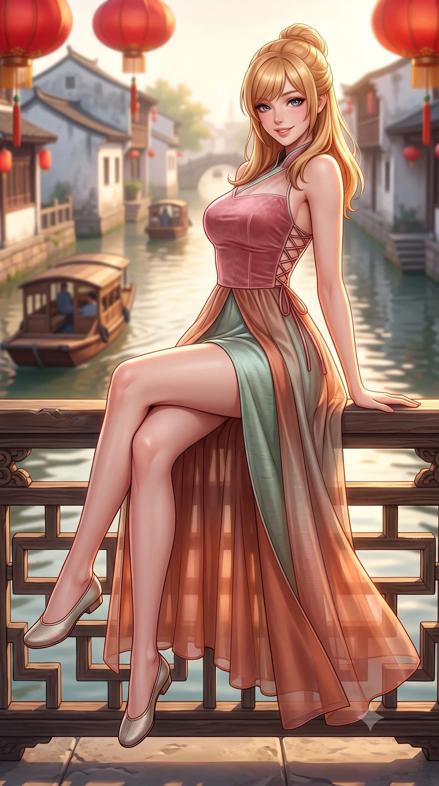 score_9, masterpiece, best quality, ultra-detailed, high-budget anime keyframe, semi-realistic 3D game render, editorial fashion photography, tasteful artistic composition, Caucasian woman. low angle full-body shot from head to toe showing her feet, filling the entire 9:16 vertical frame with her statuesque presence, stretching her vertical silhouette. sitting perched on the elevated pavilion terrace edge with legs crossed and hips angled toward the camera, displaying her toned midriff and long slender limbs with joyful, coquettish charm while sitting perched on the carved wooden balcony railing above the tranquil canal, arching her back with a playful, teasing smile as wooden sampans pass. The background shows a soft-focus red silk lanterns swaying in the breeze above the slow-moving canal softened in poetic Suzhou shallow focus. She has an absolutely perfect, statuesque 8.5-heads proportion, an exceptionally tall and slender model-like female figure with impossibly long slender legs, an ultra-slim waist, a flat toned midriff, narrow delicate ribcage, and beautifully sculpted feminine hips creating a graceful, slim hourglass silhouette without any bulky heaviness. sharp v-shaped jawline, high-bridge nose, intricate jewel-like dark sparkling almond eyes with depth, thick lashes, glossy parted lips with a natural rose-plum sheen, bright alluring and coquettish smile with bedroom-eyes, exuding both timeless oriental elegance and sovereign high-fashion allure, flawlessly proportioned anatomical accuracy, strict slender model proportions, natural body alignment, perfectly sculpted long slender limbs, ultra-slim waistline, clean dynamic posture without body distortion. wearing a modern fusion hanbok dress with a structured velvet bodice and cascading sheer ombre organza skirt with front slit in dusty rose pink and burnished copper, tailored from smooth celadon raw silk with natural organic slub texture, finished with criss-cross back satin laces tracing her slender spine, the form-contouring cut accentuating her sculpted flat midriff, narrow delicate ribcage, and gracefully curvy hips with regal oriental supermodel elegance. bathed in warm late-afternoon golden hour light reflecting off whitewashed walls and calm waters. highly saturated vibrant anime colors, detailed shading with soft gradients, rich glossy textures, high-contrast stereoscopic depth, volumetric dynamic lighting, master piece, 9:16 ratio