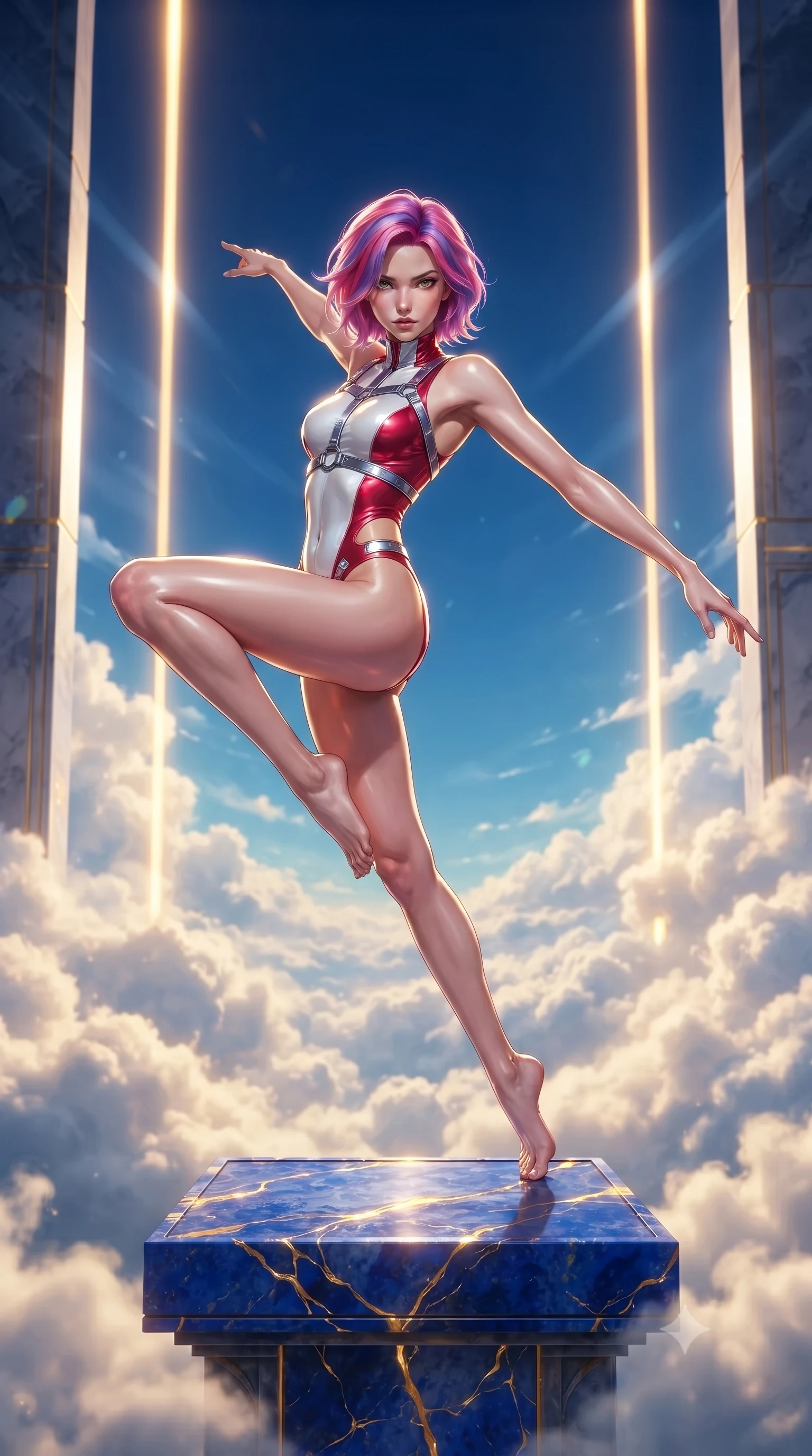 score_9, masterpiece, best quality, ultra-detailed, high-budget anime keyframe, editorial fashion photography, tasteful artistic composition, Caucasian woman. low angle full-body shot from head to toe showing her feet, filling the entire 9:16 vertical frame with her statuesque presence, stretching her vertical silhouette. performing an alluring mid-air vault with flawless poise, looking directly into the camera with smoldering intensity while pivoting dynamically on an elevated lapis lazuli altar inlaid with pure gold veins as clouds drift beneath her feet. The surrounding environment is rendered in vivid detail and crisp panoramic clarity. crisp architectural gemstone edges, sunbeam shaft borders, and deep blue sky in high clarity. She has an absolutely perfect, statuesque 8.5-heads proportion, an exceptionally tall and slender model-like female figure with impossibly long slender legs, a toned flat midriff, and an ultra-slim waist. sharp v-shaped jawline, high-bridge nose, intricate jewel-like eyes with depth, thick eyelashes, glossy lips with a natural sheen, flawlessly proportioned anatomical accuracy, strict slender model proportions, natural body alignment, perfectly sculpted long slender limbs, ultra-slim waistline, clean dynamic posture without body distortion. wearing a second-skin white liquid-mercury micro-bodysuit sculpted tightly to her slender build, featuring razor-thin metallic straps and hip cutouts in radiant crimson silk and crisp snow white, crafted from ultra-reflective second-skin latex with a high-gloss glass-like polish, reinforced by a sleek metallic chrome harness and delicate glowing micro-straps, the glove-like aerodynamic second-skin fit tightly clinging to her ultra-slender waist and athletic curves without adding bulk, accentuating her razor-sharp statuesque lines and slim hourglass silhouette. bathed in intense vertical golden sunbursts and rich sky-blue ambient bounce light. ultra-reflective glossy finish, specular highlights, metallic sheen, high-contrast stereoscopic depth, volumetric dynamic lighting, 2k, ultra detail, master piece, 9:16 ratio