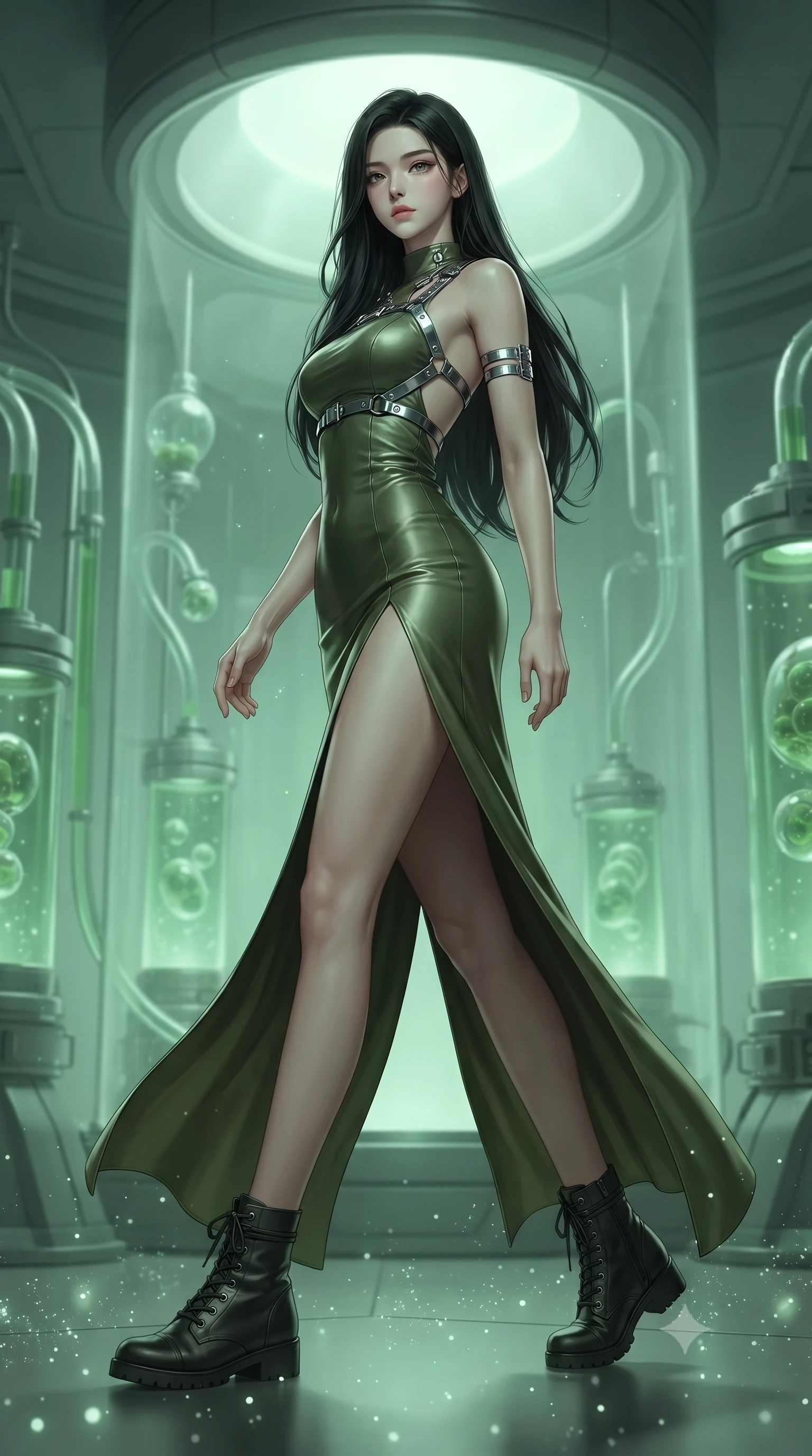 score_9, masterpiece, best quality, ultra-detailed, high-budget anime keyframe, editorial fashion photography, tasteful artistic composition, Korean woman. low angle full-body shot from head to toe showing her feet, filling the entire 9:16 vertical frame with her statuesque presence, stretching her vertical silhouette. stepping gracefully through floating stardust particles, her body-contouring suit showing her athletic, slender silhouette, the background shows a soft-focus a glass cylinder room with tubes containing green fluid and bio-cells. She has an absolutely perfect, statuesque 8.5-heads proportion, an exceptionally tall and slender model-like female figure with impossibly long slender legs and an ultra-slim waist. sharp v-shaped jawline, high-bridge nose, intricate jewel-like eyes with depth, thick eyelashes, glossy lips with a natural sheen. wearing a body-hugging dramatic open-back maxi combat dress in olive green, featuring a high thigh slit and chrome straps. soft green bioluminescent light from the tubes casting an eerie glow. ultra-reflective glossy finish, specular highlights, metallic sheen, high-contrast stereoscopic depth, volumetric dynamic lighting, 2k, ultra detail, master piece, 9:16 ratio