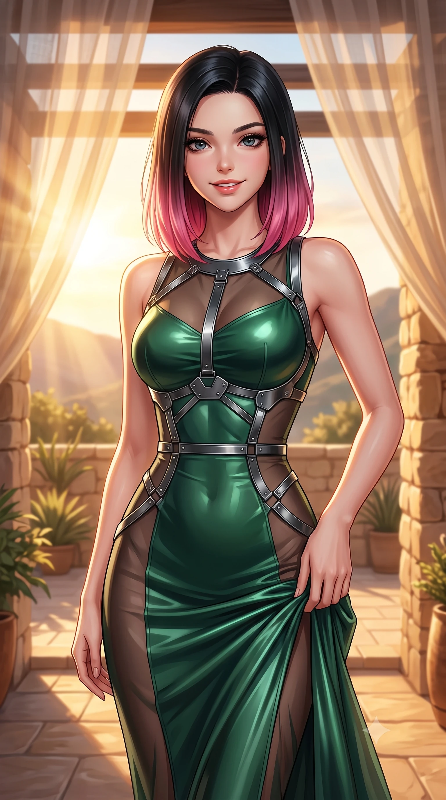 score_9, masterpiece, best quality, ultra-detailed, high-budget anime keyframe, editorial fashion photography, tasteful artistic composition, Korean woman. close-up cowboy shot from the waist and thighs up, the character dominates the composition, filling the frame with her large presence, background elements kept in soft focus. Smiling with quiet, magnetic self-assurance directly into the camera, poised beneath a sheer linen pergola as golden-hour sunbeams flood the terrace, form-contouring silk gown accentuating her slender torso and long legs. She has an exceptionally elegant, slender, and willowy female figure with an ultra-slim waist, a gracefully sculpted slender torso, and a refined silhouette. sharp v-shaped jawline, high-bridge nose, intricate jewel-like eyes with depth, thick eyelashes, glossy lips with a natural sheen. wearing fitted liquid mercury jersey maxi dress hugging every curve in deep emerald green, made of sheer dark organza overlay, highlighted by a gunmetal metallic harness structure, highlighting her statuesque proportions and ultra-slim waistline. illuminated by rich amber daylight and warm fill light from stone walls. highly saturated vibrant anime colors, detailed shading with soft gradients, rich glossy textures, high-contrast stereoscopic depth, volumetric dynamic lighting, master piece, 9:16 ratio