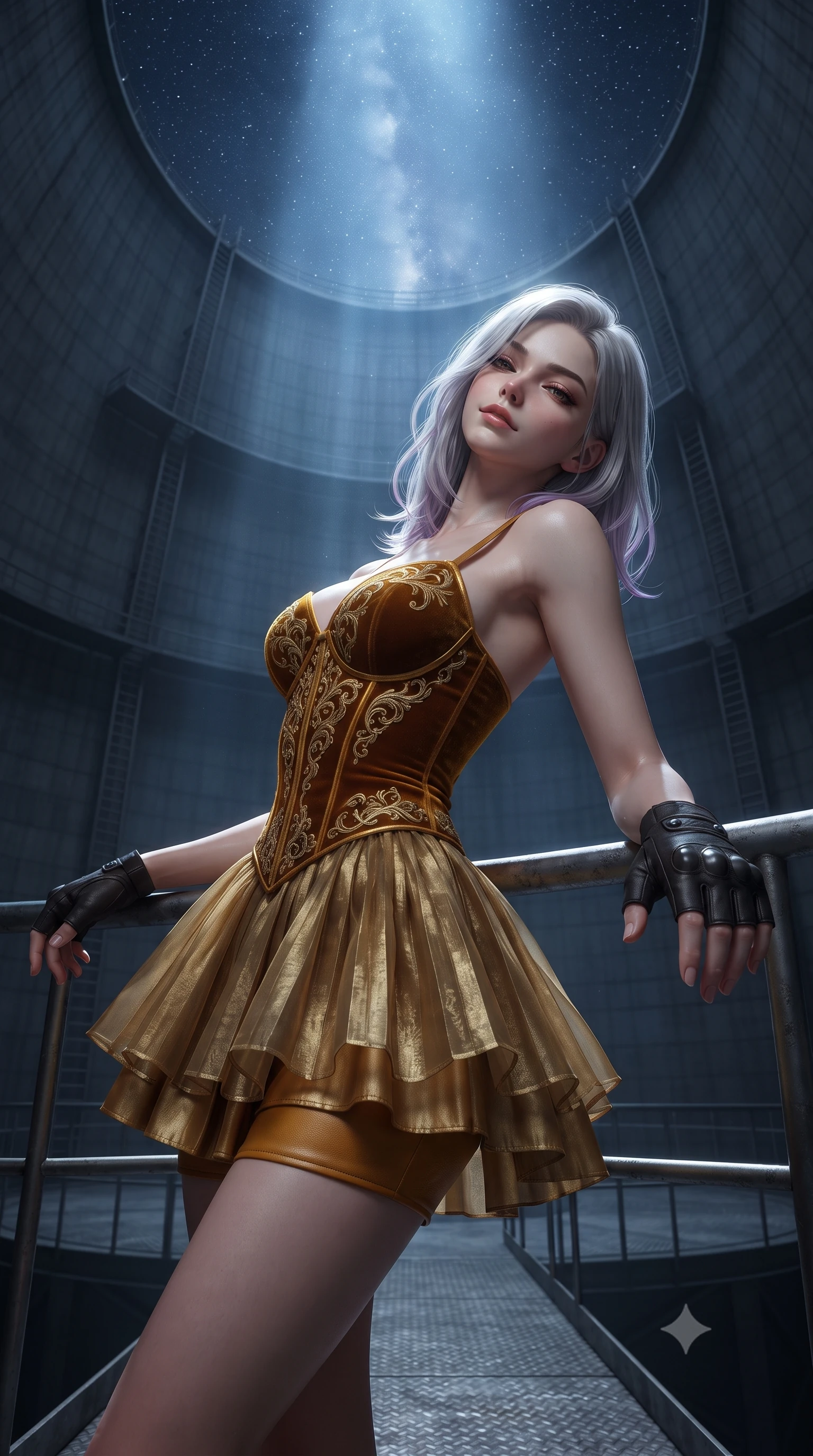score_9, masterpiece, best quality, ultra-detailed, high-budget anime keyframe, editorial fashion photography, tasteful artistic composition, Caucasian woman. close-up cowboy shot from the waist and thighs up, the character dominates the composition, filling the frame with her large presence. leaning back against the balustrade with relaxed seductive grace, head tilted back slightly while casting a hypnotic, heavy-lidded gaze while standing centered on the circular metal catwalk inside the colossal hyperboloid cooling tower, arching her back toward the starry sky above. The background shows a soft-focus distant catwalk ladders softened in colossal industrial shallow focus. She has an exceptionally elegant, slender, and willowy female figure with an ultra-slim waist, flat toned midriff, narrow ribcage, and sculpted feminine hips creating an alluring, slim hourglass silhouette without bulk. sharp v-shaped jawline, high-bridge nose, sparkling eyes with hypnotic seductive depth, thick curled eyelashes, glossy parted lips with a natural dewy peach sheen, alluring bedroom-eyes with an enchanting coquettish smile, exuding magnetic siren charisma and sophisticated glamour, flawlessly proportioned anatomical accuracy, strict slender model proportions, natural body alignment, perfectly sculpted long slender limbs, ultra-slim waistline, clean dynamic posture without body distortion. wearing a structured velvet ballet bodice with gold filigree embroidery paired with an airy knife-pleated organza mini skirt in warm amber honey and antique gold leaf, woven from buttery-soft stretch lambskin leather adhering to her body like a second skin, finished with fingerless matte leather tactical driving gloves with reinforced knuckles, the precision-cut side openings and low-back scoop framing her graceful spine and the sensual sweep of her slim, toned hips. bathed in a dramatic shaft of celestial starlight and moonlight descending straight down the center of the tower. ultra-reflective glossy finish, specular highlights, rich textural contrasts, high-contrast stereoscopic depth, volumetric dynamic lighting, 2k, ultra detail, master piece, 9:16 ratio
