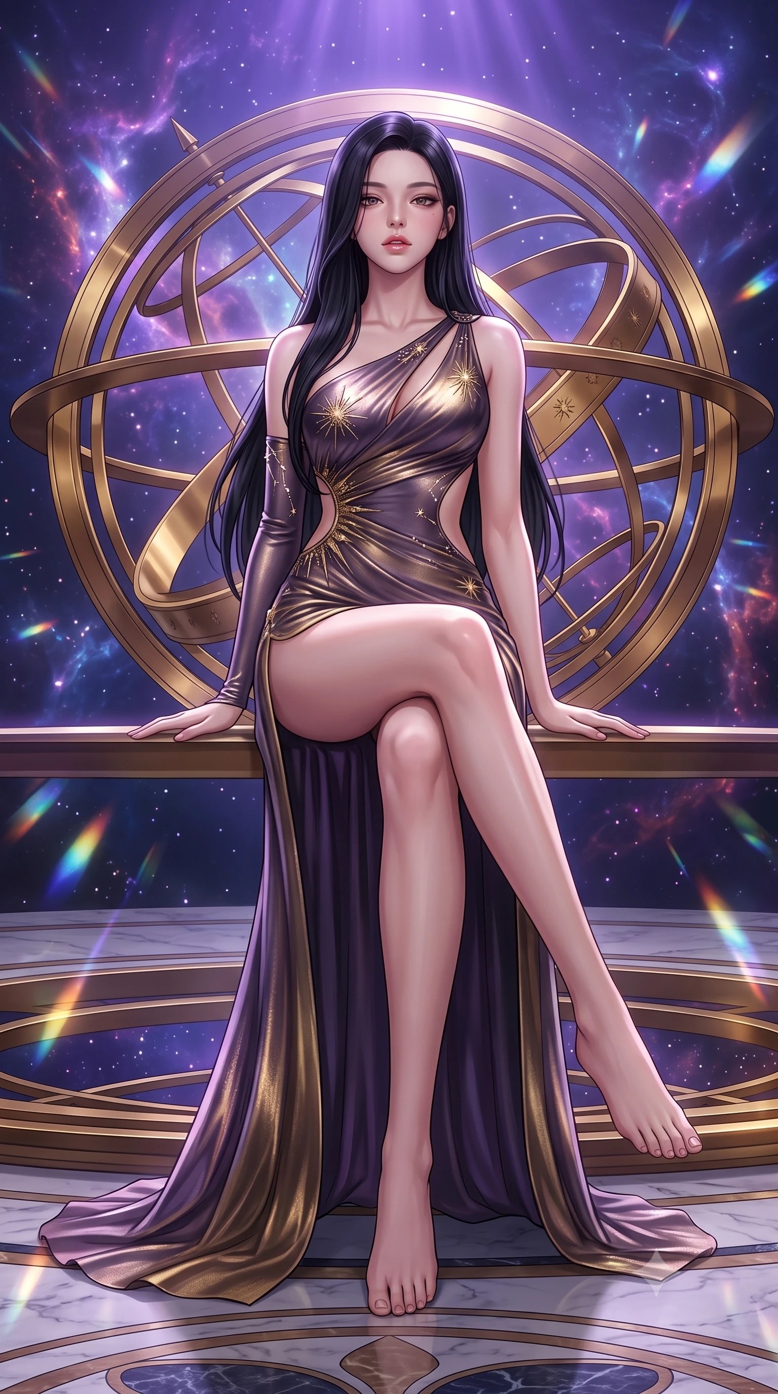 score_9, masterpiece, best quality, ultra-detailed, high-budget anime keyframe, semi-realistic 3D game render, editorial fashion photography, tasteful artistic composition, Korean woman. low angle full-body shot from head to toe showing her feet, filling the entire 9:16 vertical frame with her statuesque presence, stretching her vertical silhouette. sitting perched on the elevated ledge with hips angled toward the camera and legs crossed, displaying her toned midriff and flawlessly sculpted slender limbs while leaning back against the polished brass rings of a colossal rotating armillary sphere, hips tilted in a seductive contrapposto stance. The surrounding environment is rendered in vivid detail and crisp panoramic clarity. detailed deep-space nebula filaments, crystal prism reflections, and marble floor inlay in high clarity. She has an absolutely perfect, statuesque 8.5-heads proportion, an exceptionally tall and slender model-like female figure with impossibly long slender legs, a toned flat midriff, an ultra-slim waist, and beautifully sculpted feminine hips. sharp v-shaped jawline, high-bridge nose, intricate jewel-like eyes with depth, thick eyelashes, glossy parted lips with a natural sheen, intensely captivating and seductive bedroom-eyes expression, flawlessly proportioned anatomical accuracy, strict slender model proportions, natural body alignment, perfectly sculpted long slender limbs, ultra-slim waistline, clean dynamic posture without body distortion. wearing an asymmetric one-shoulder metallic gown with celestial starburst embroidery and bare side cutouts in dusky celestial plum and antique brass gold, crafted from luxurious metallic lamé that shifts radiance like distant stars, accented with a glittering crystal constellation back chain tracing her bare spine, the glove-like aerodynamic silhouette tightly following the natural contour of her hips and long slender legs with statuesque precision. bathed in cool violet nebula glow from above and warm golden brass indicator uplights. highly saturated vibrant anime colors, detailed shading with soft gradients, rich glossy textures, high-contrast stereoscopic depth, volumetric dynamic lighting, master piece, 9:16 ratio