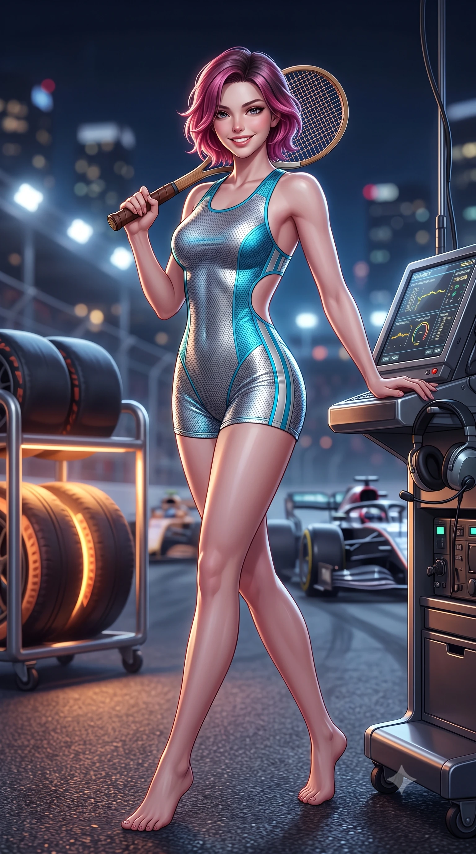score_9, masterpiece, best quality, ultra-detailed, high-budget anime keyframe, semi-realistic 3D game render, editorial fashion photography, tasteful artistic composition, Caucasian woman. low angle full-body shot from head to toe showing her feet, filling the entire 9:16 vertical frame with her statuesque presence, stretching her vertical silhouette. stepping forward gracefully across the paddock tarmac in mid-motion with a radiant beaming smile, hips swaying in an alluring kinetic rhythm that accentuates her curvy hourglass silhouette and long slender legs while leaning against the team telemetry console with hips cocked back, looking into the lens with an intoxicating, smoldering gaze amidst headset equipment. The background shows a soft-focus glowing tire warming racks and high-speed carbon fiber cars softened in thrilling night-race shallow focus. She has an absolutely perfect, statuesque 8.5-heads proportion, an exceptionally tall and slender model-like female figure with impossibly long slender legs, an ultra-slim waist, a flat toned midriff, narrow delicate ribcage, and beautifully sculpted feminine hips creating a graceful, slim hourglass silhouette without any bulky heaviness. sharp v-shaped jawline, high-bridge nose, sparkling eyes with athletic focus and depth, thick curled eyelashes, glossy parted lips with a natural coral-peach sheen, bright confident and coquettish smile with alluring bedroom-eyes, exuding both youthful sporty vigor and sovereign high-society glamour, flawlessly proportioned anatomical accuracy, strict slender model proportions, natural body alignment, perfectly sculpted long slender limbs, ultra-slim waistline, clean dynamic posture without body distortion. wearing a bodycon racerback athletic romper with high-cut leg openings and side racing stripe tape accentuating her curvy hips in metallic liquid silver and electric cyan, woven from semi-opaque performance athletic mesh with hexagonal micro-perforations, featuring a vintage wooden tennis racket held casually over one shoulder, the precision-cut side openings and low-back scoop framing her graceful spine and the sensual sweep of her slim, athletic hips. illuminated by telemetry screen bounce and sharp platinum rim lights carving her razor-sharp jawline, narrow waist, and curvy hips. highly saturated vibrant anime colors, detailed shading with soft gradients, rich glossy textures, high-contrast stereoscopic depth, volumetric dynamic lighting, master piece, 9:16 ratio