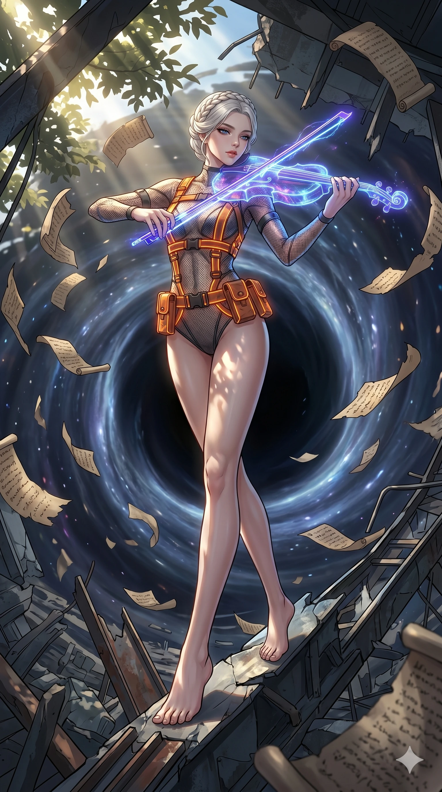 score_9, masterpiece, best quality, ultra-detailed, Set A: High-budget Anime Keyframe, Korean woman. Low angle cowboy shot filling the entire 9:16 frame with her statuesque presence. Theme: Urban Decay. playing a holographic violin in the edge of a black hole, surrounded by a whirlwind of 273 floating ancient scrolls. The atmosphere is filled with cinematic sunlight through leaves. She has an absolutely perfect 8-heads proportion, an exceptionally tall and slender female figure with impossibly long slender legs and an ultra-slim waist. Sharp v-shaped jawline, high-bridge nose, intricate jewel-like eyes with depth, glossy lips. Wearing Industrial worker-chic with a glowing orange harness over a mesh bodysuit. Cinematic lighting, vivid colors, dramatic shadows, 2k, ultra detail, master piece, 9:16 ratio